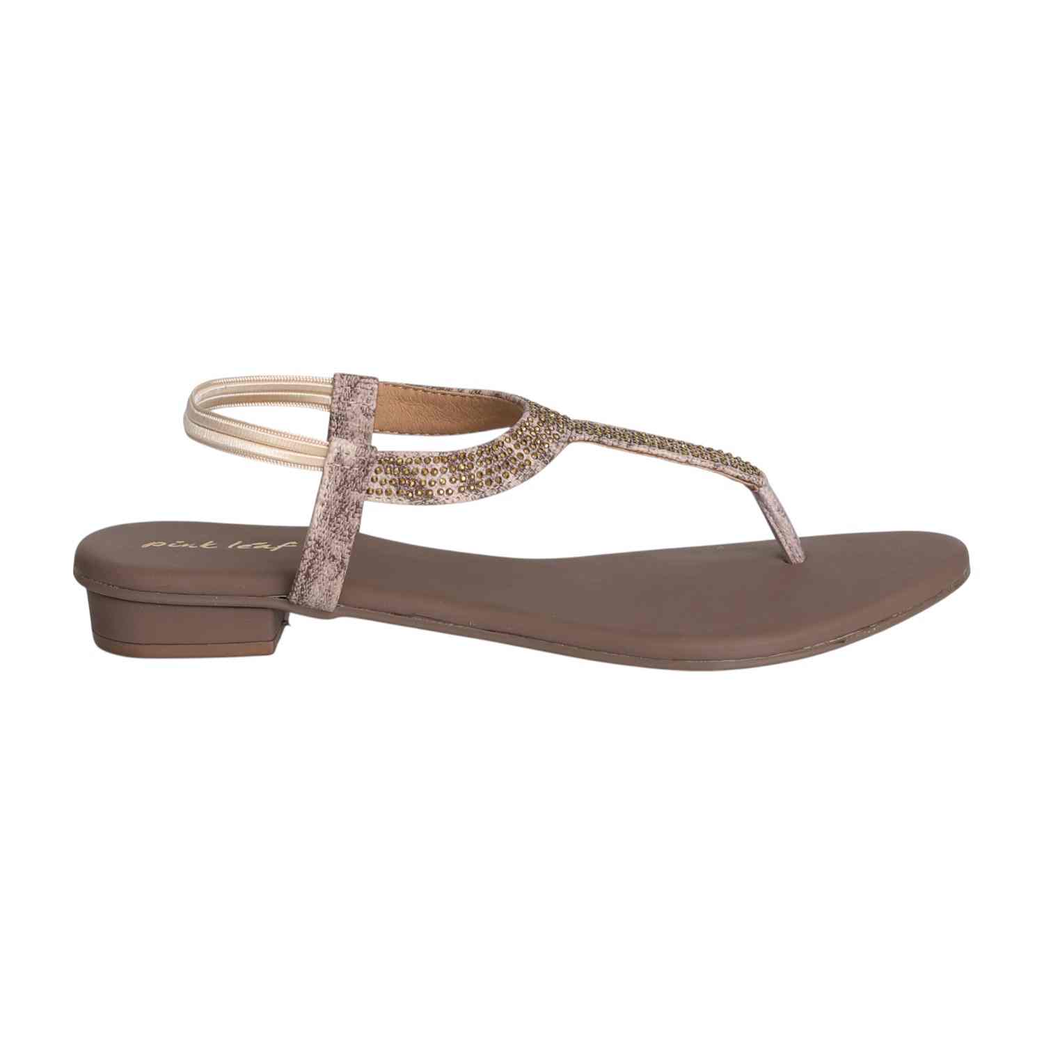 Women Beige Shimmer Curve T-Strap Sandals