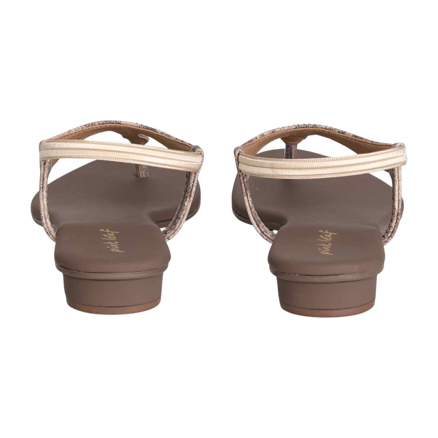 Women Beige Shimmer Curve T-Strap Sandals