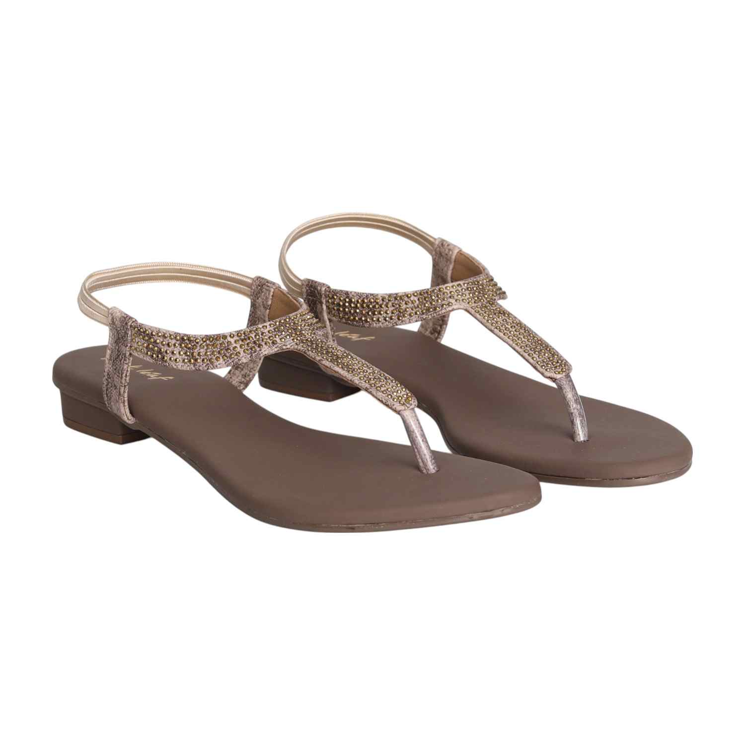 Women Beige Shimmer Curve T-Strap Sandals