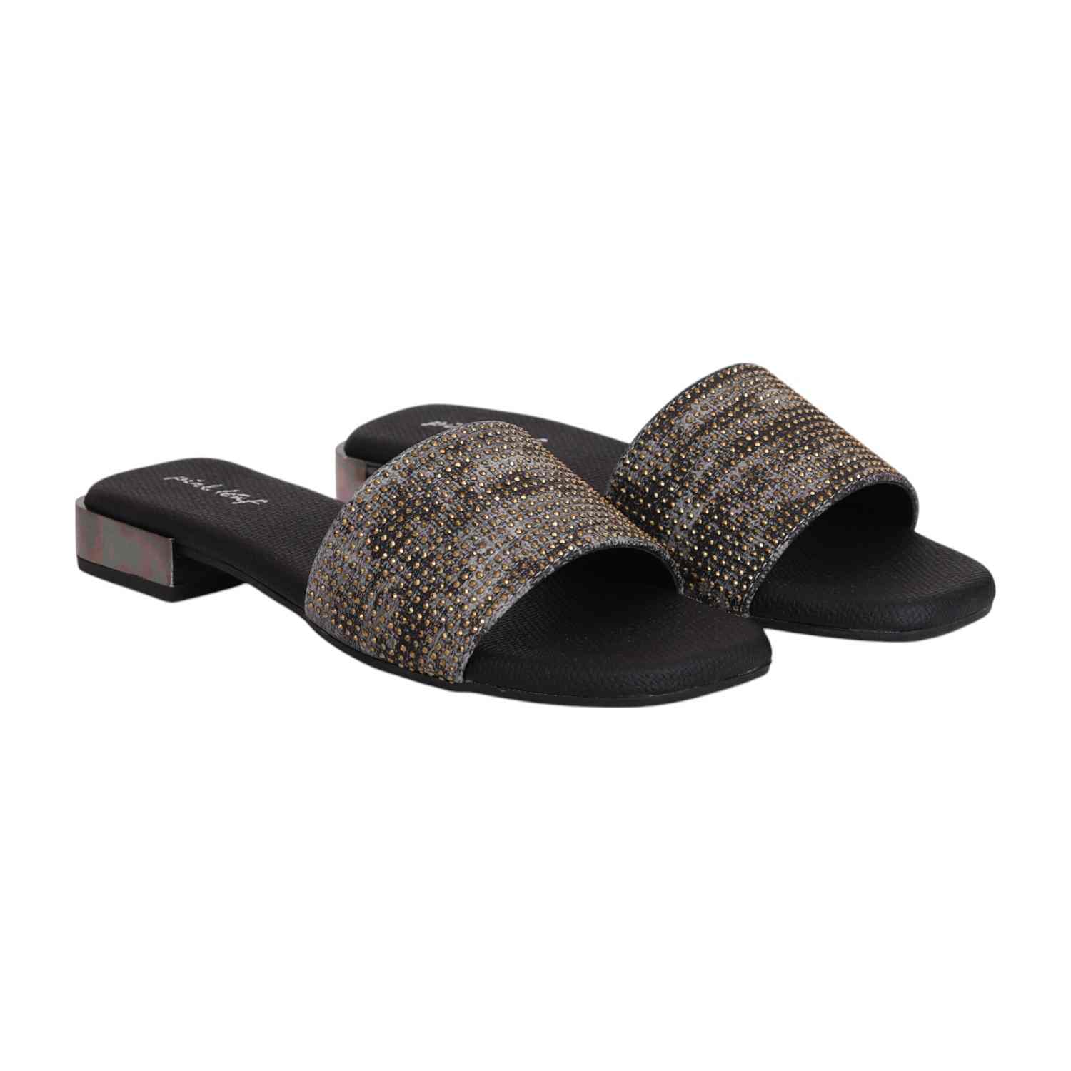 Women Black Glitz Comfort Slides