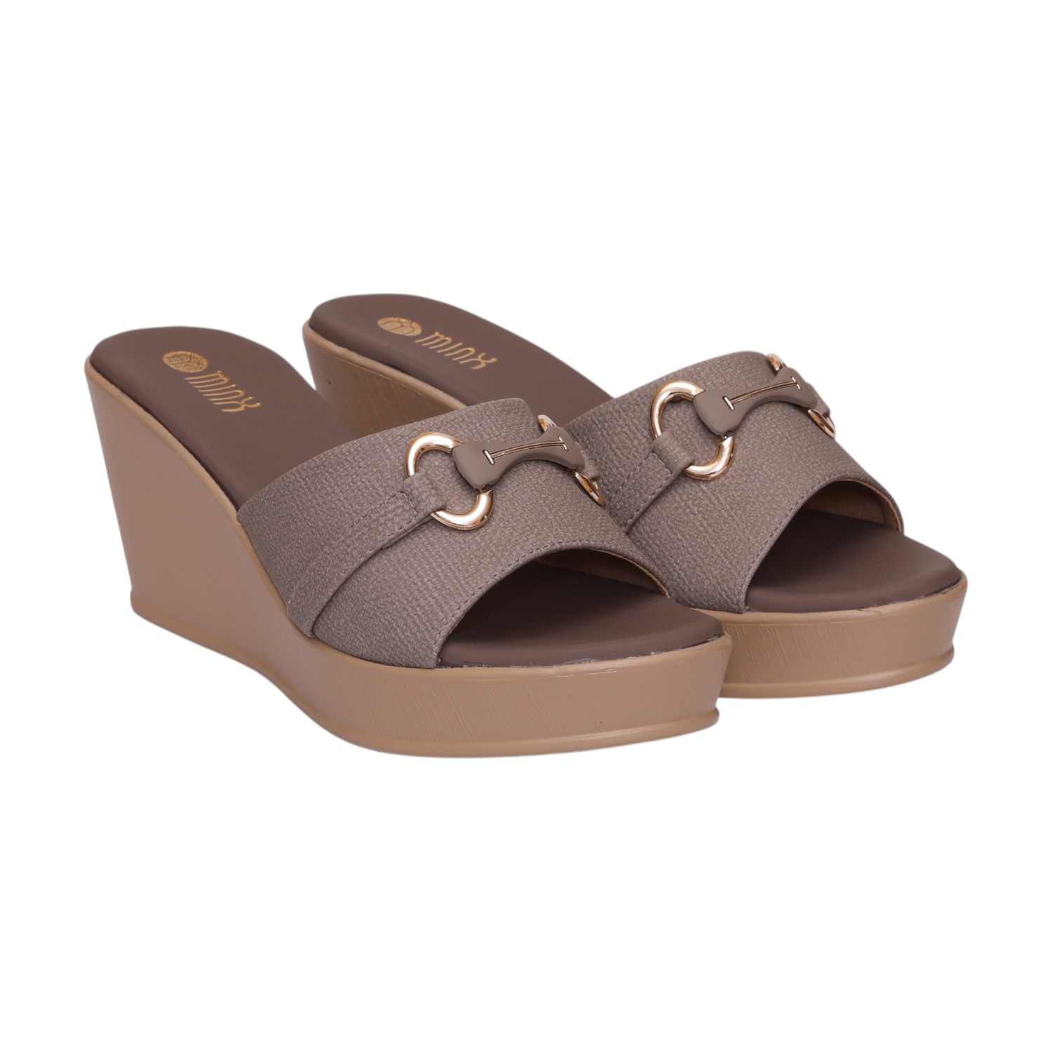 Women Brown Stylish Wedge Mules With Gold Accent