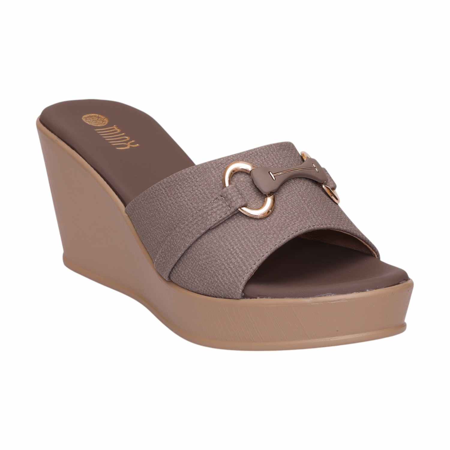 Women Brown Stylish Wedge Mules With Gold Accent