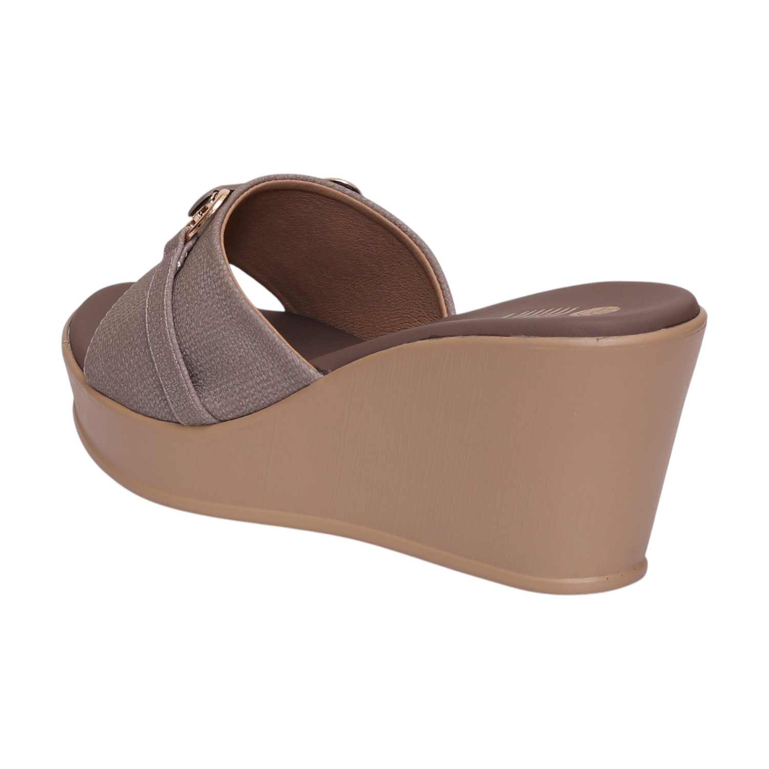 Women Brown Stylish Wedge Mules With Gold Accent