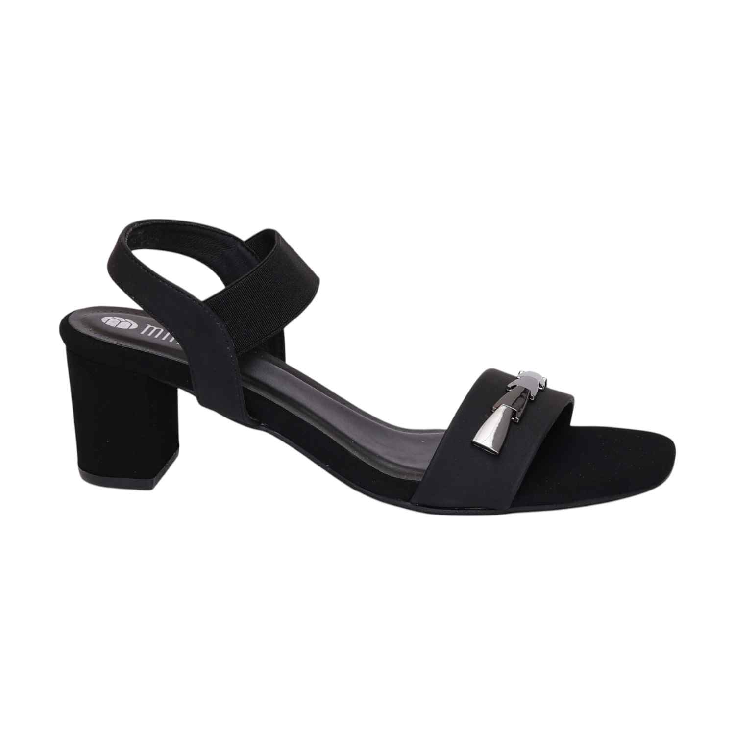 Women Black Block Heel Sandals With Gold Accents
