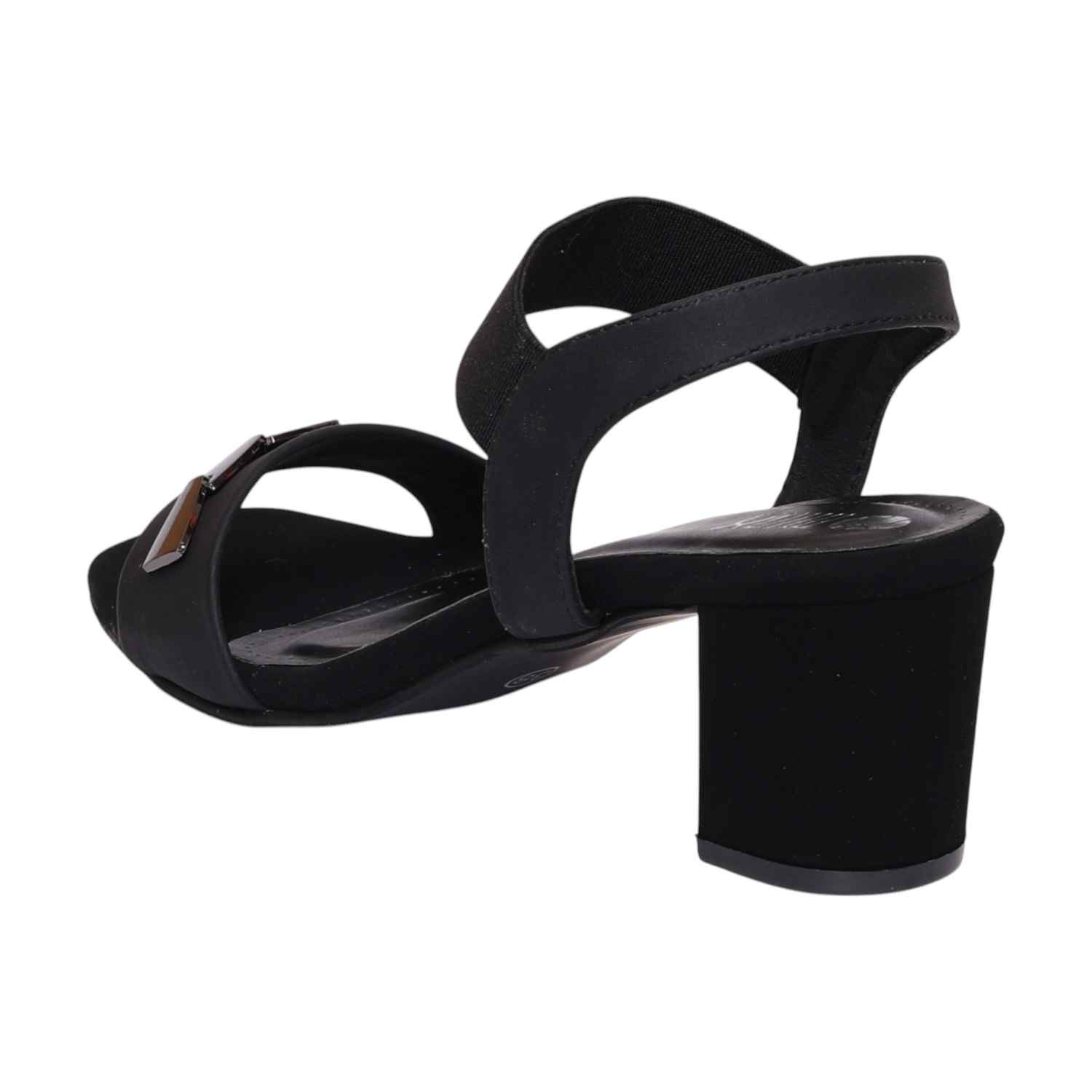 Women Black Block Heel Sandals With Gold Accents
