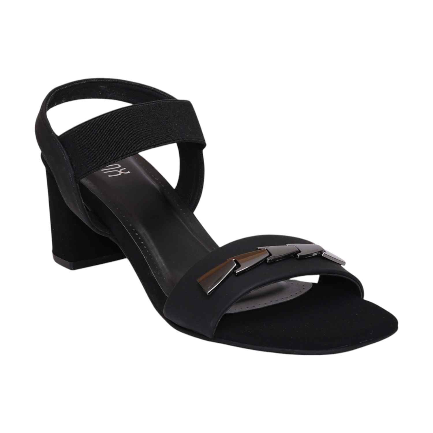 Women Black Block Heel Sandals With Gold Accents
