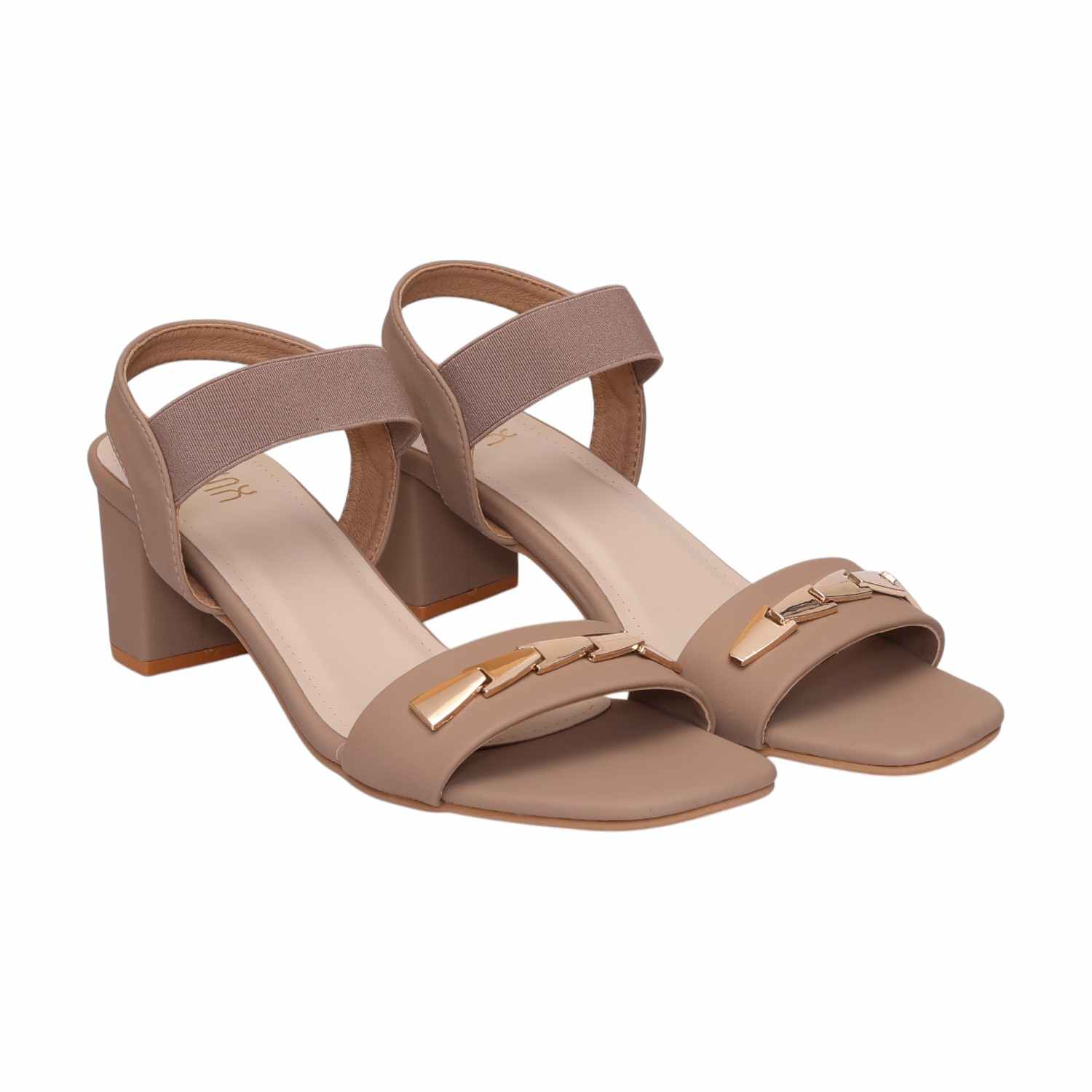 Women Beige Block Heel Sandals With Gold Accents