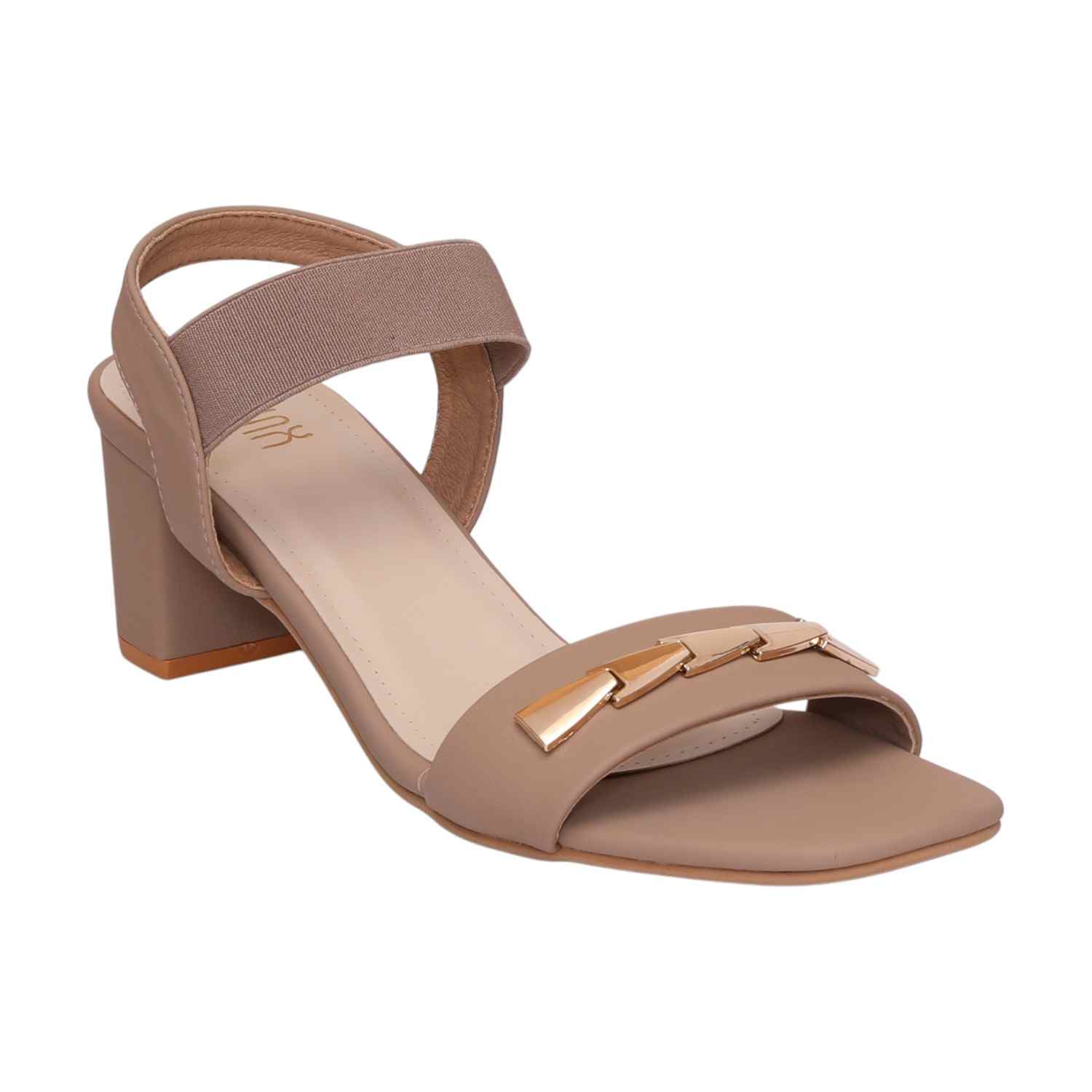 Women Beige Block Heel Sandals With Gold Accents