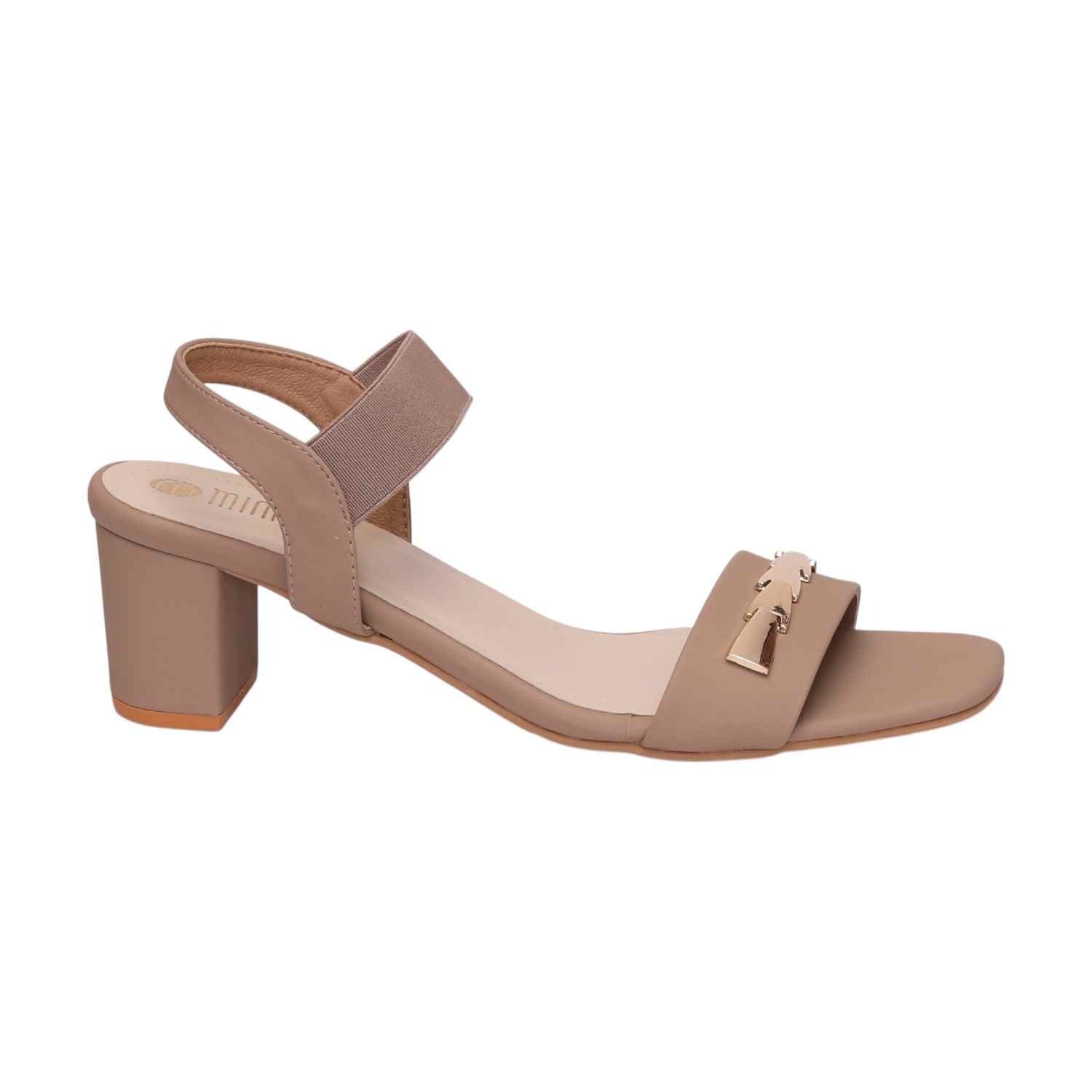 Women Beige Block Heel Sandals With Gold Accents