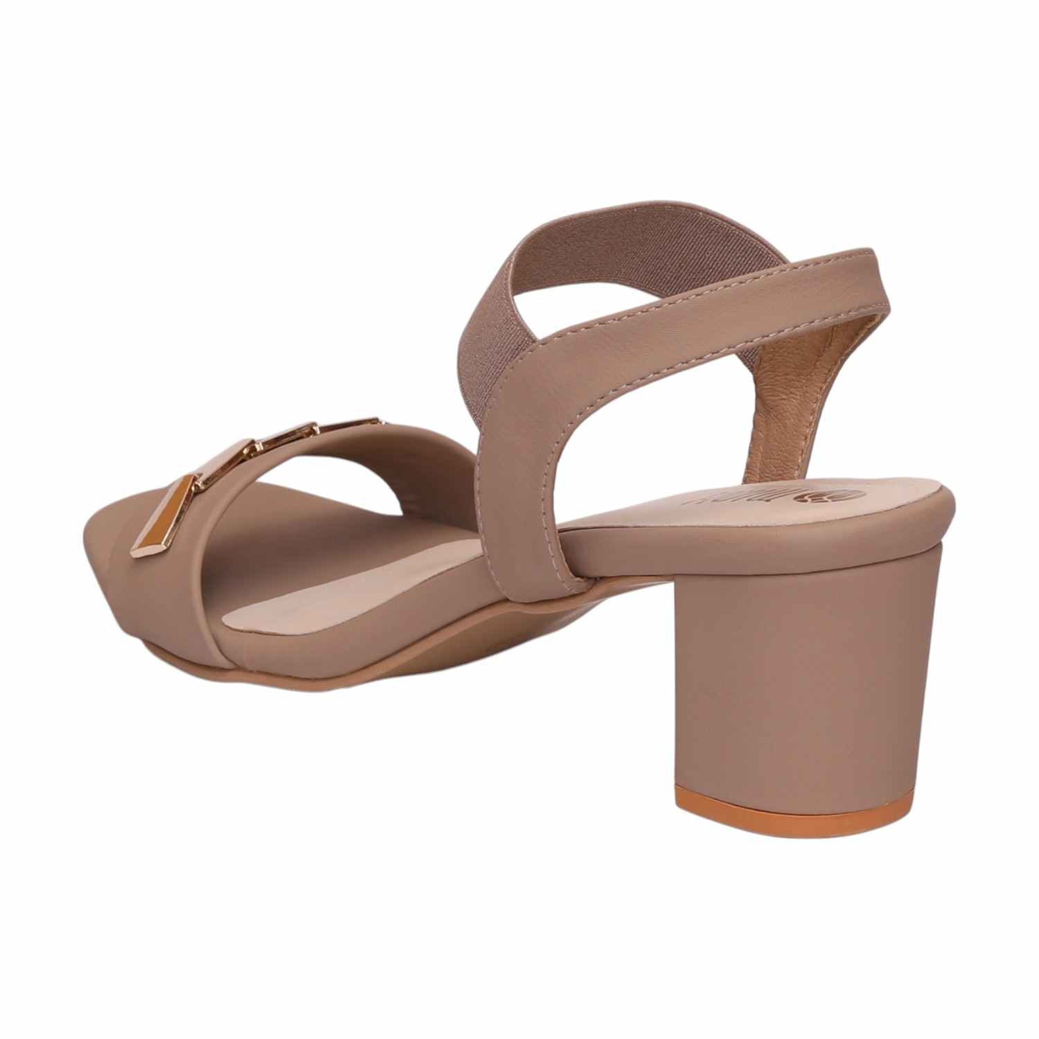 Women Beige Block Heel Sandals With Gold Accents