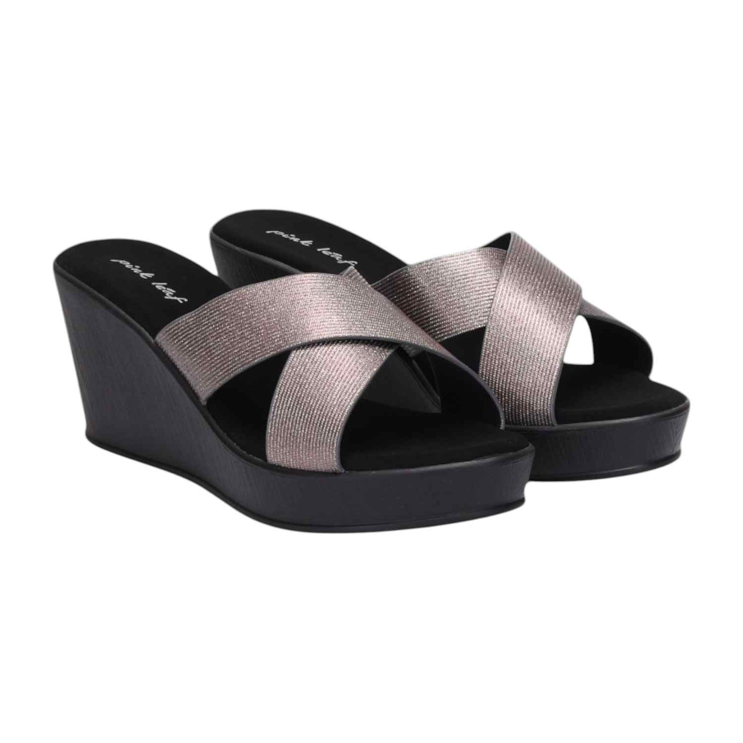 Women Gunmetal Criss-Cross Wedges