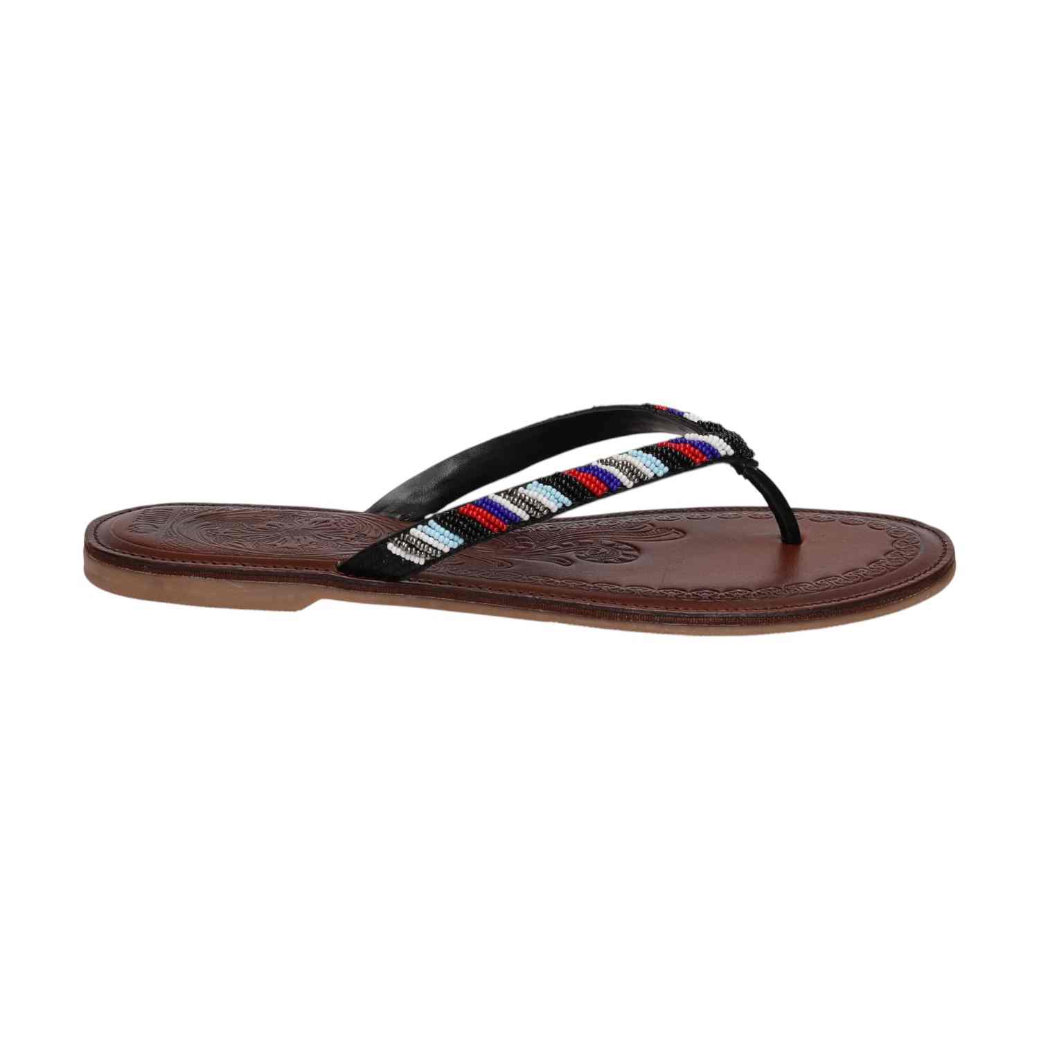 Women Black Ethnic Beaded Flat Sandals