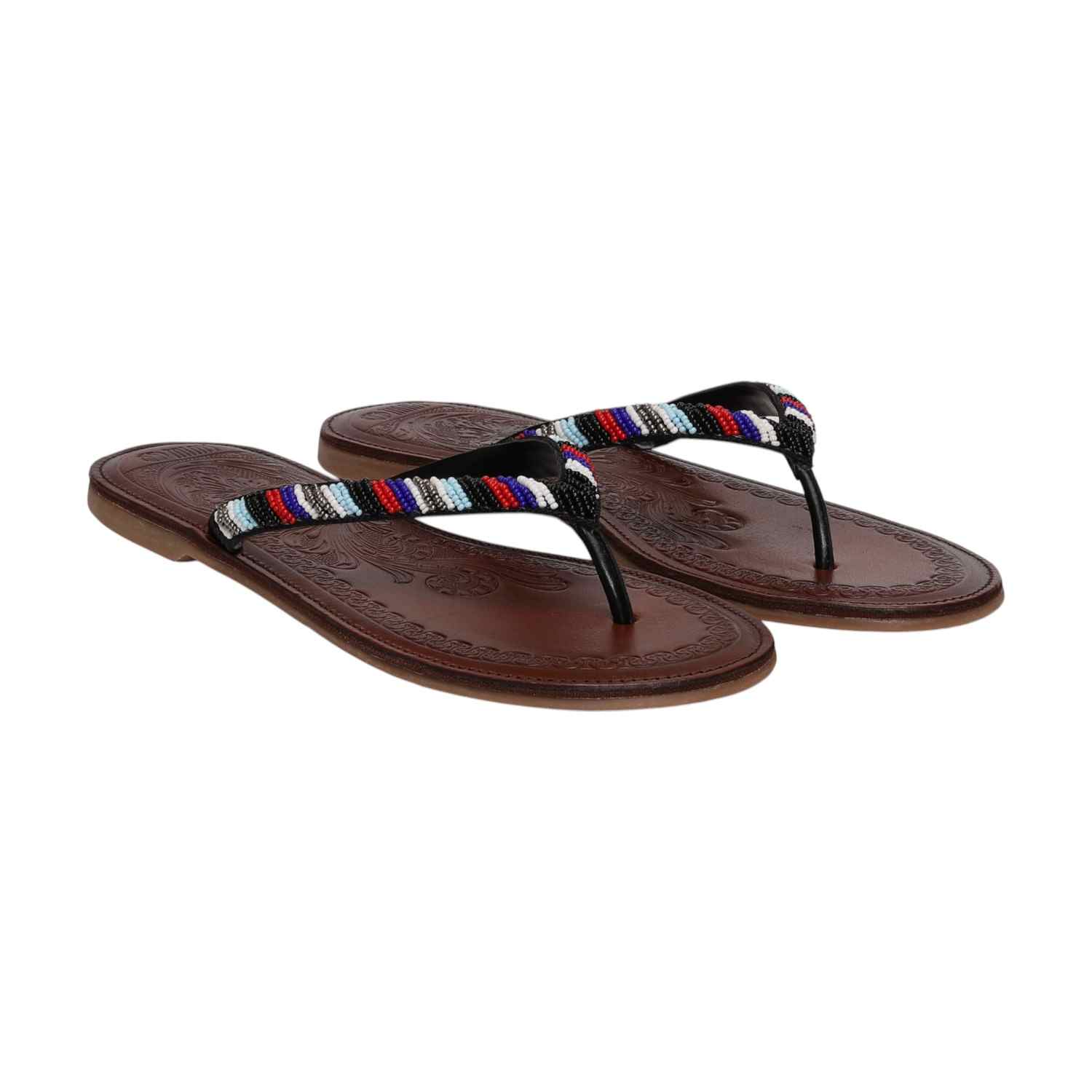 Women Black Ethnic Beaded Flat Sandals