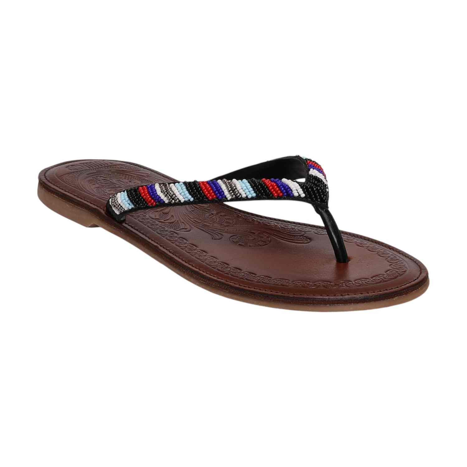 Women Black Ethnic Beaded Flat Sandals