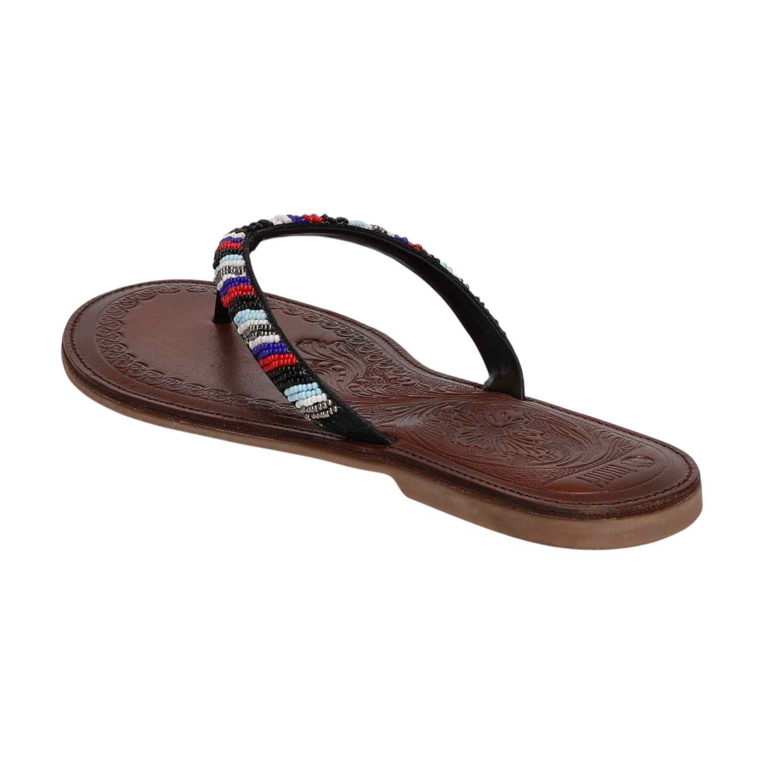 Women Black Ethnic Beaded Flat Sandals