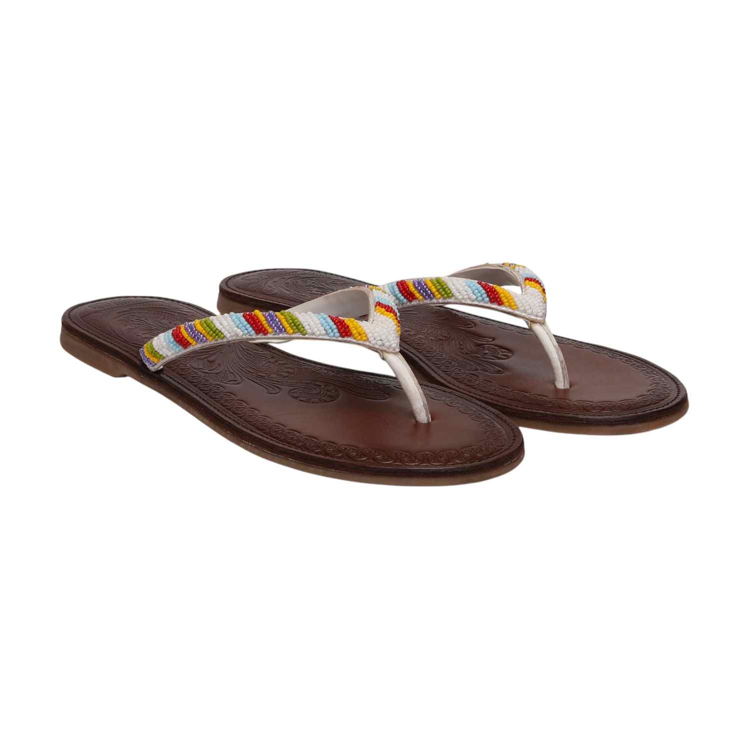 Women White Ethnic Beaded Flat Sandals