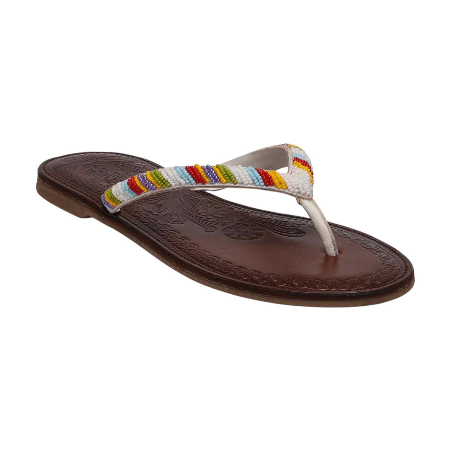 Women White Ethnic Beaded Flat Sandals