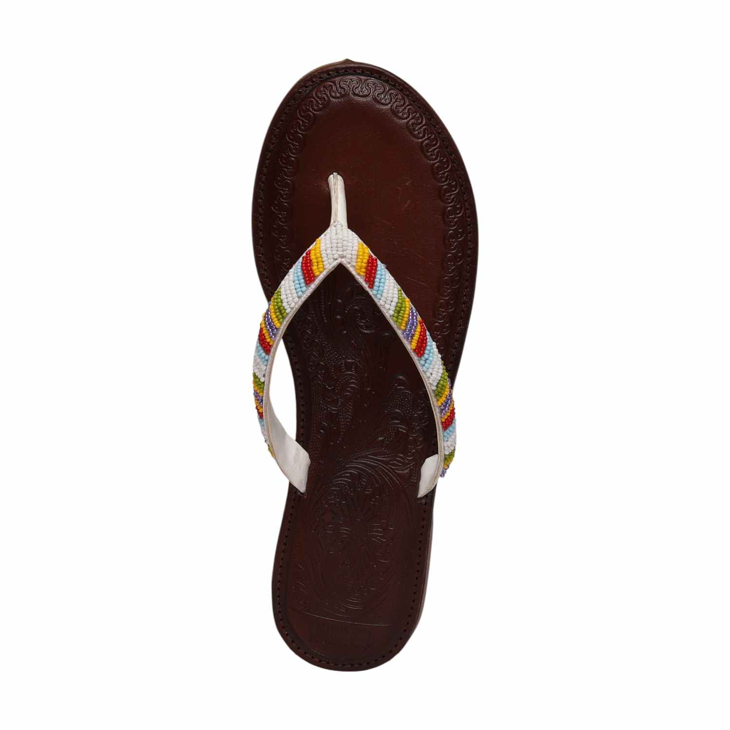 Women White Ethnic Beaded Flat Sandals