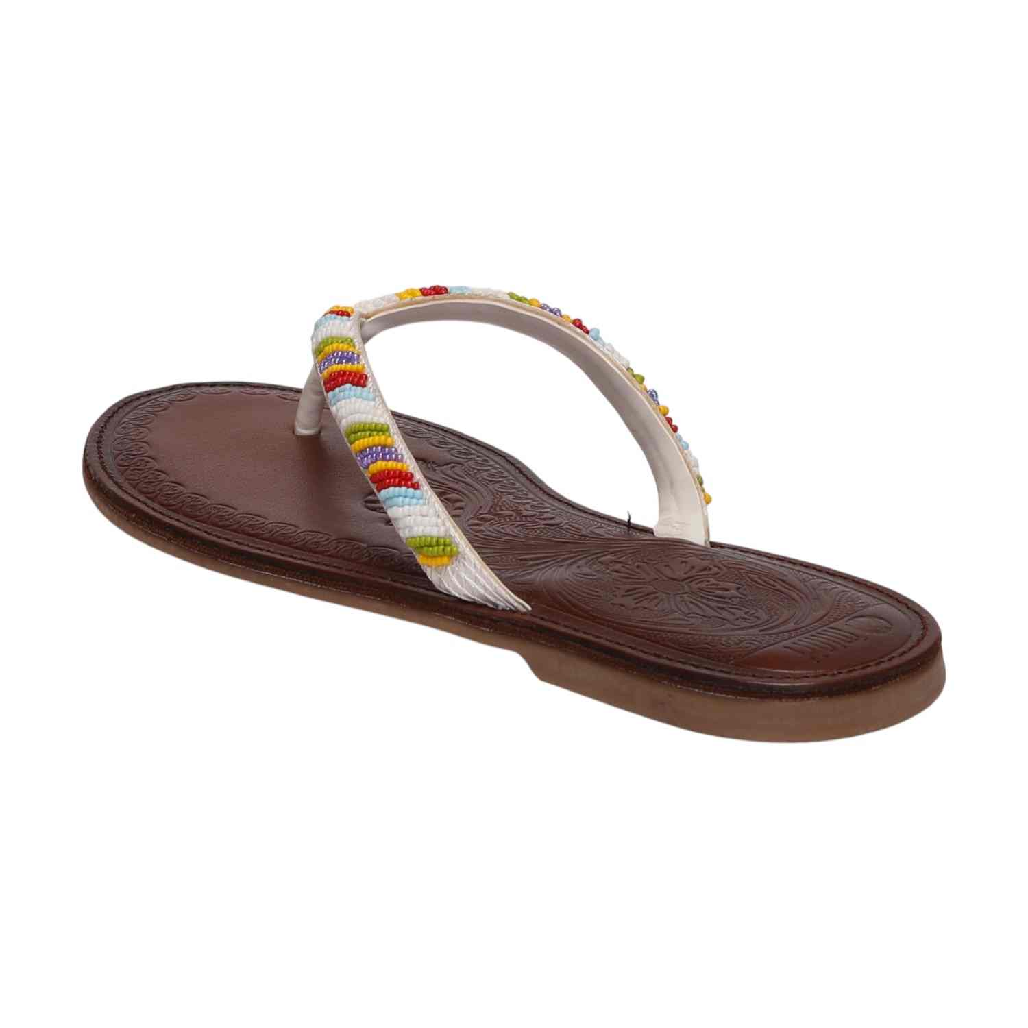 Women White Ethnic Beaded Flat Sandals