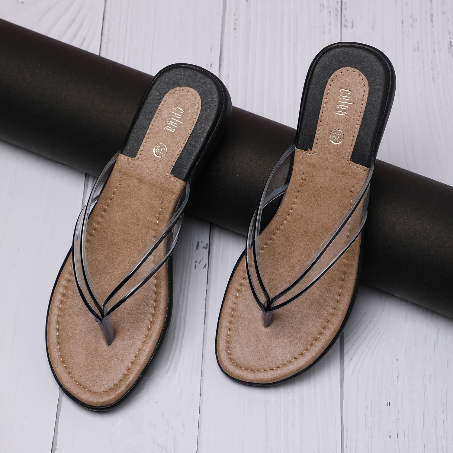 Women Black Transparent-Strap Thong Sandals
