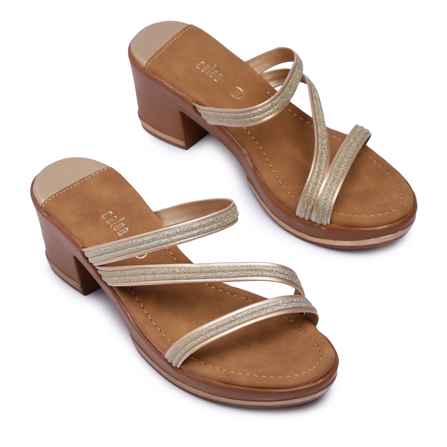 Women Gold Strappy Block Heel Sandals