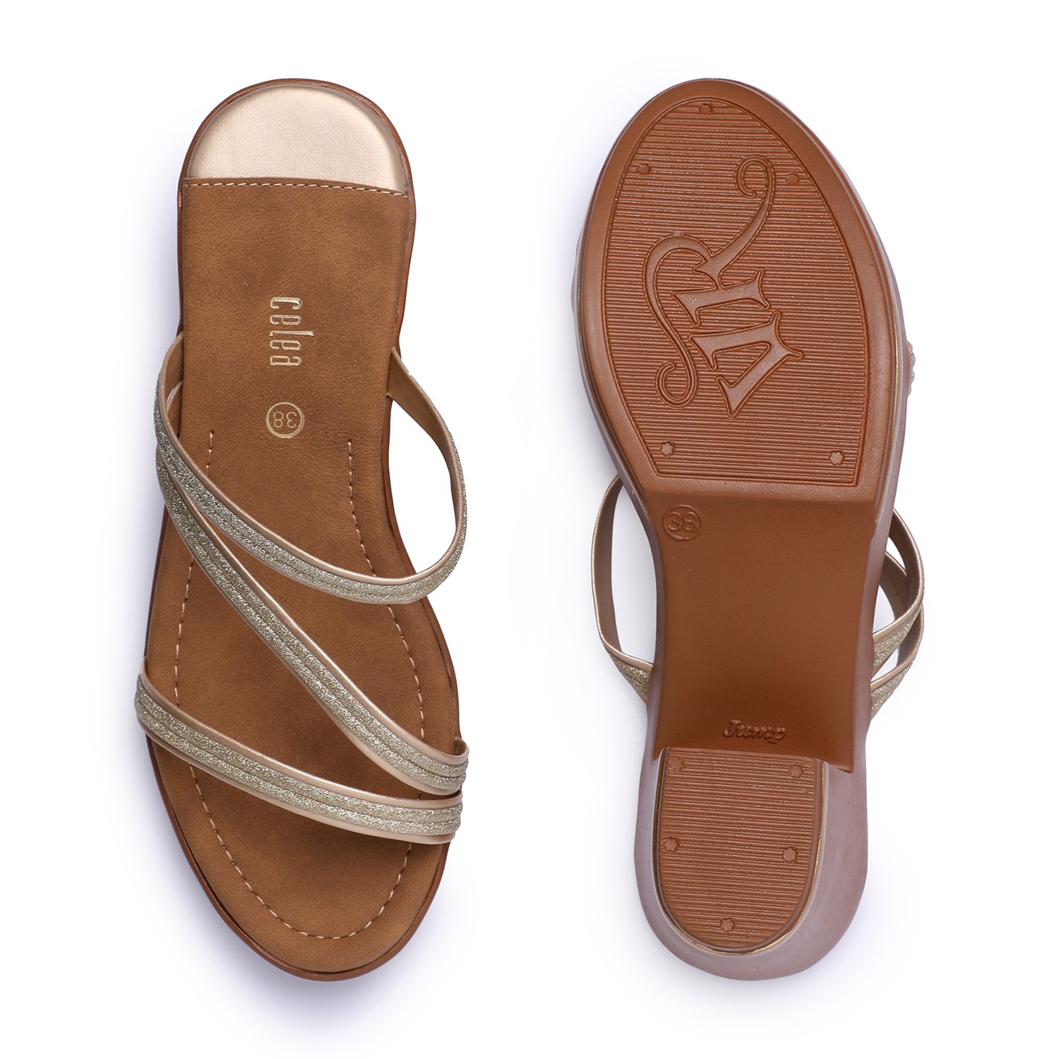 Women Gold Strappy Block Heel Sandals