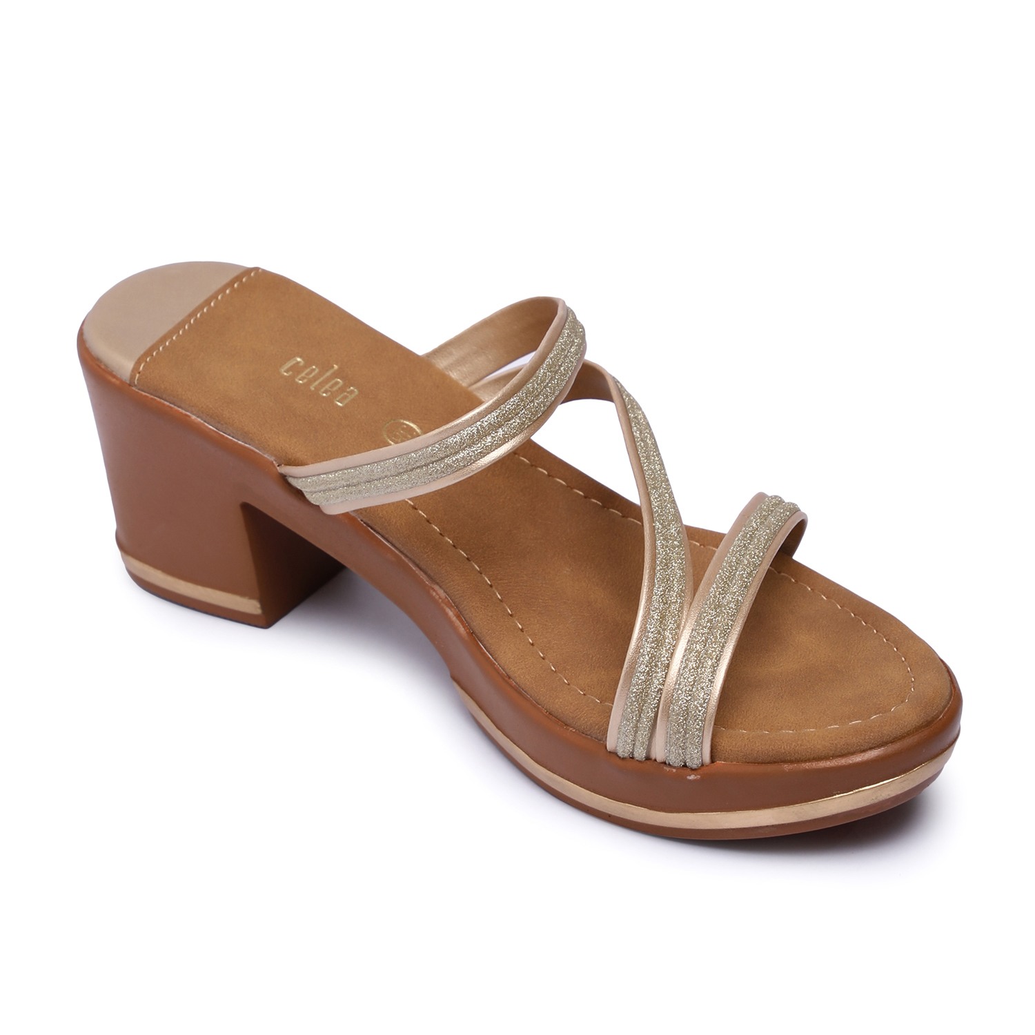 Women Gold Strappy Block Heel Sandals