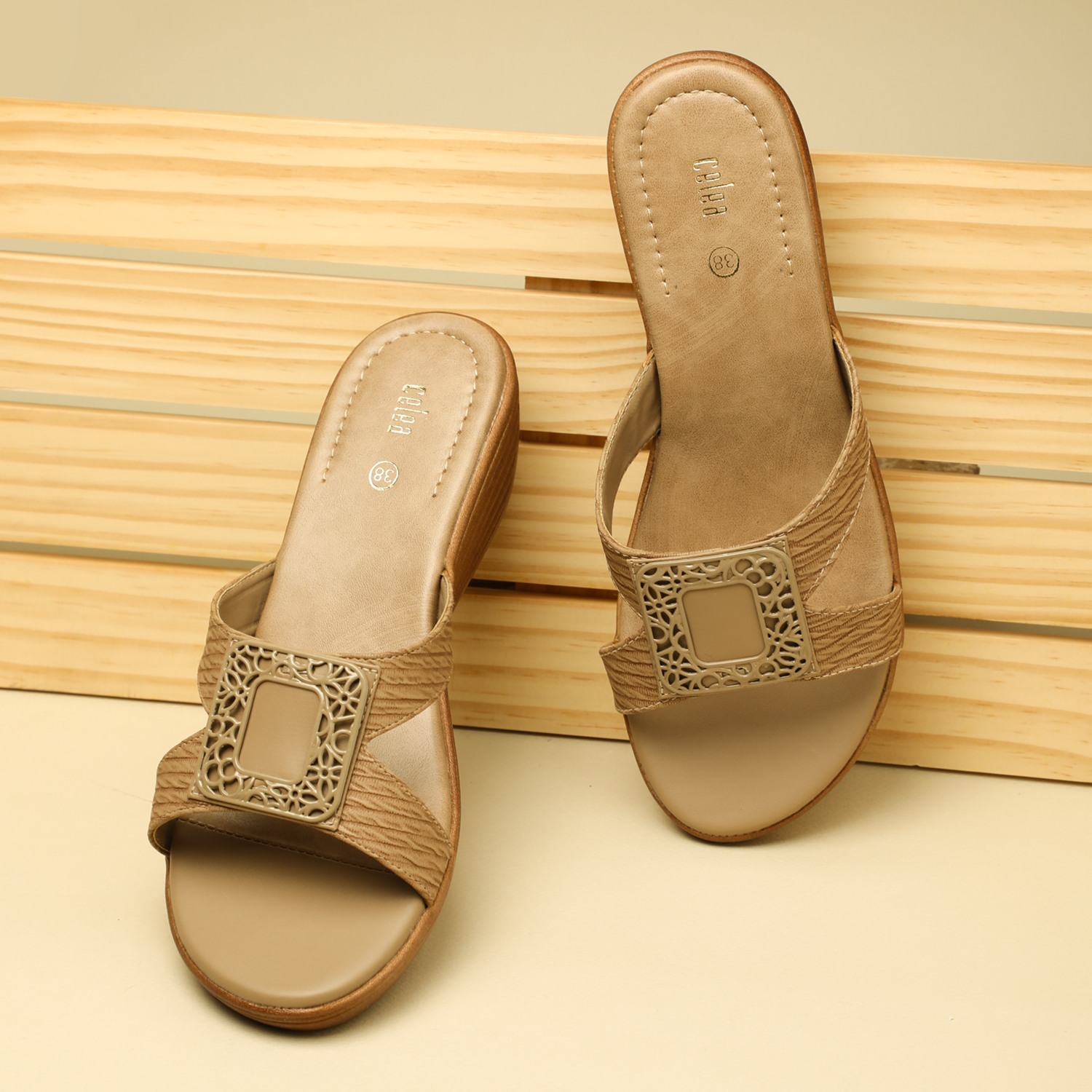Elegant Tan Wedge Sandals with Ornamental Buckle