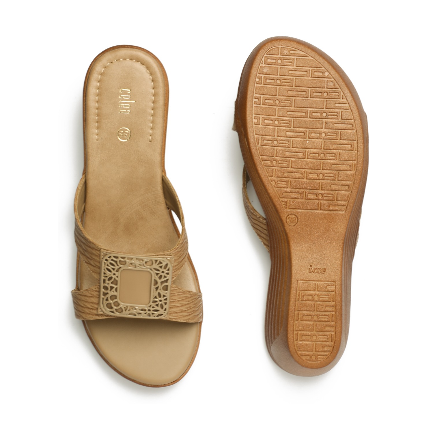 Elegant Tan Wedge Sandals with Ornamental Buckle