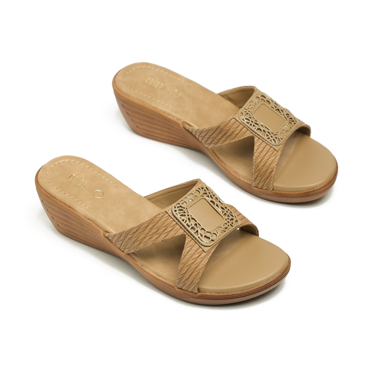 Elegant Tan Wedge Sandals with Ornamental Buckle