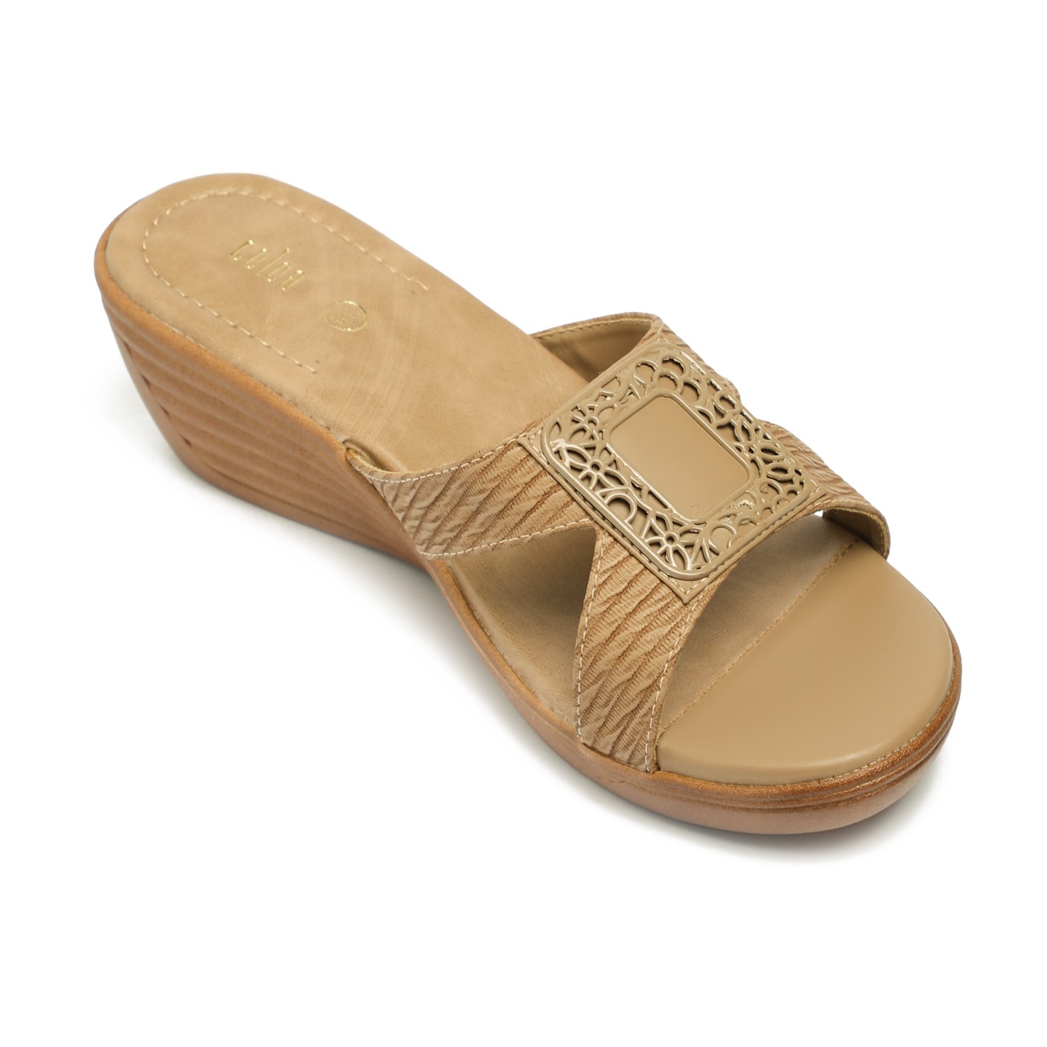 Elegant Tan Wedge Sandals with Ornamental Buckle
