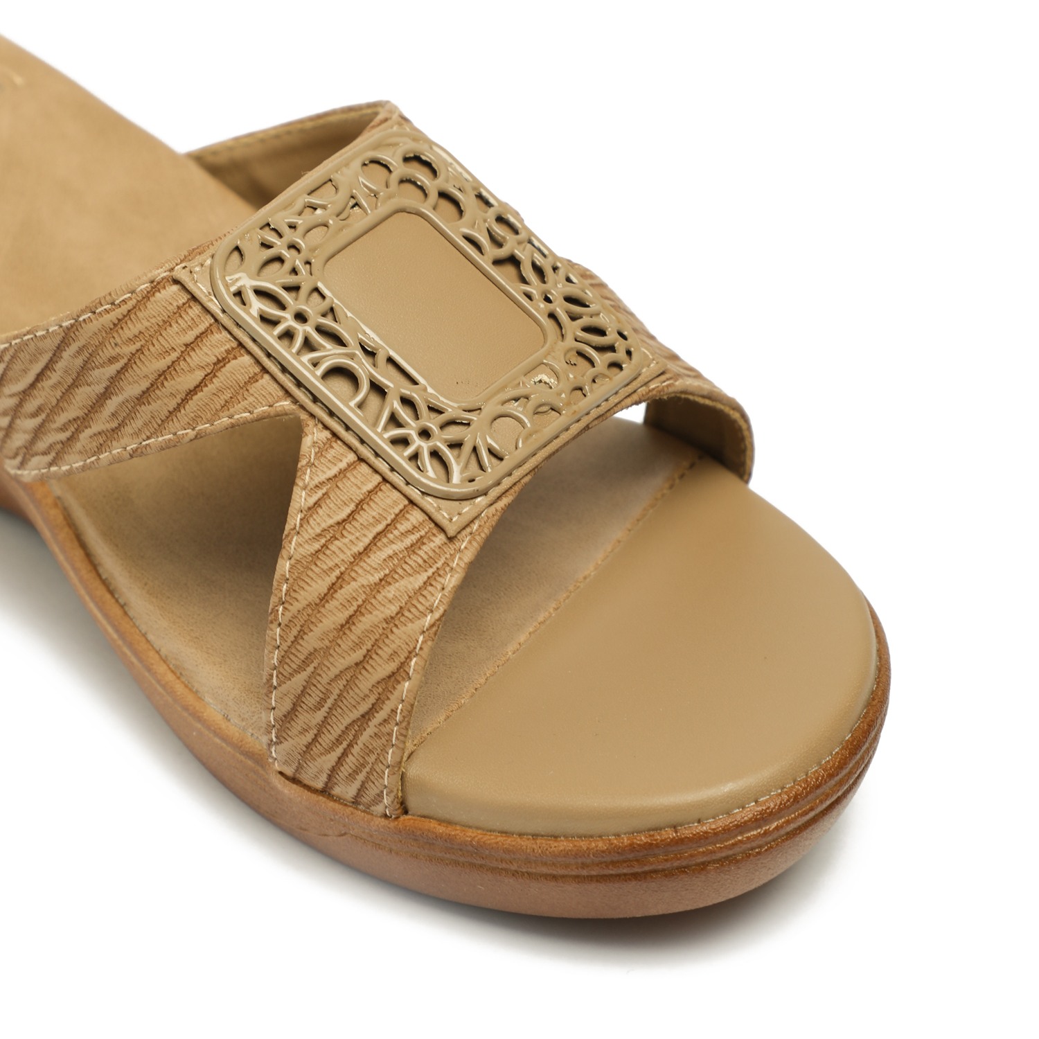 Elegant Tan Wedge Sandals with Ornamental Buckle