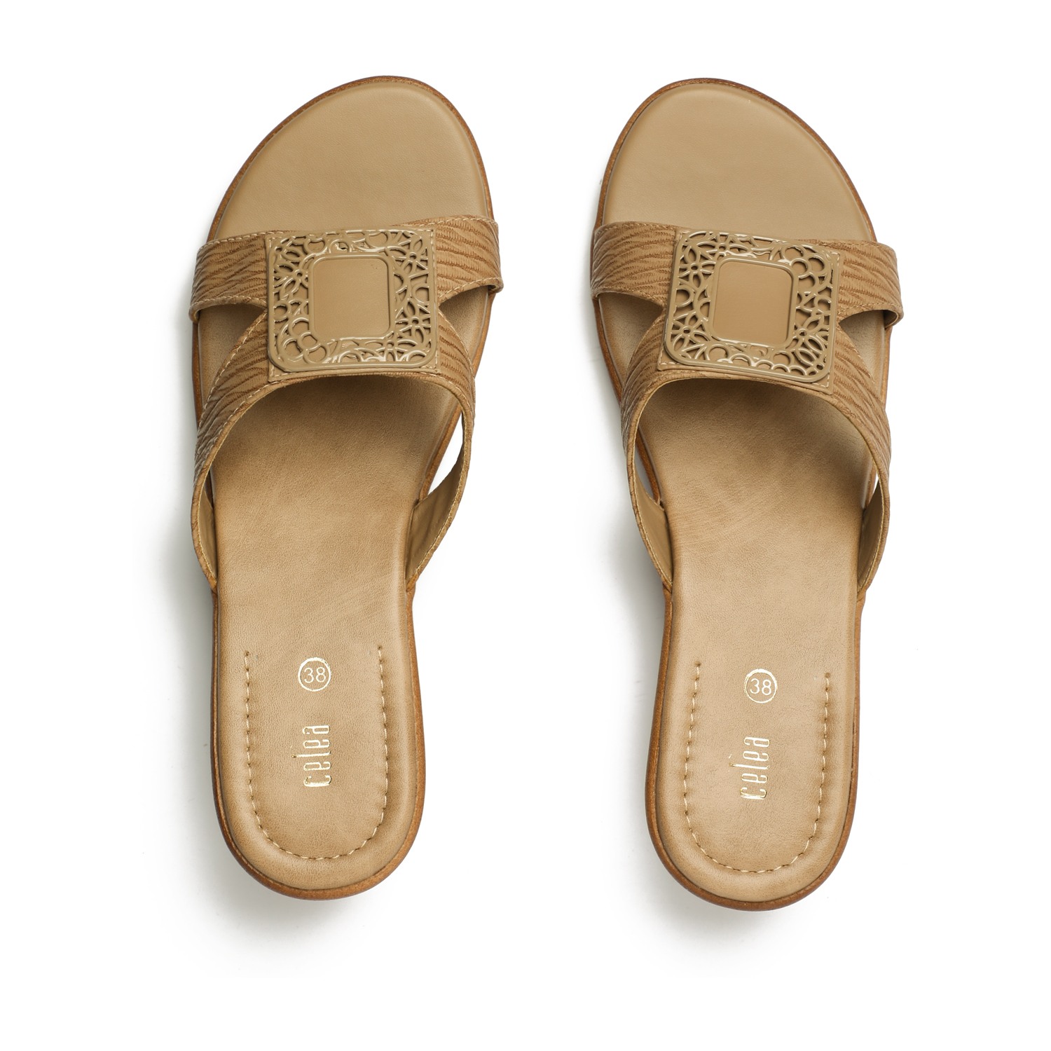 Elegant Tan Wedge Sandals with Ornamental Buckle