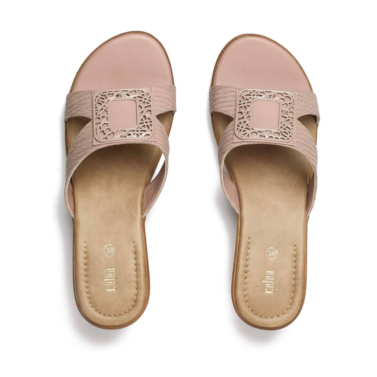 Elegant Peach Wedge Sandals with Ornamental Buckle