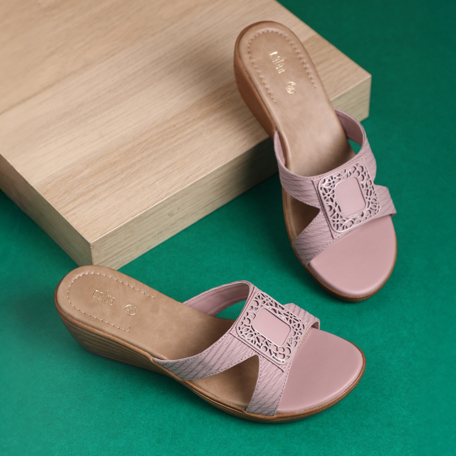 Elegant Peach Wedge Sandals with Ornamental Buckle