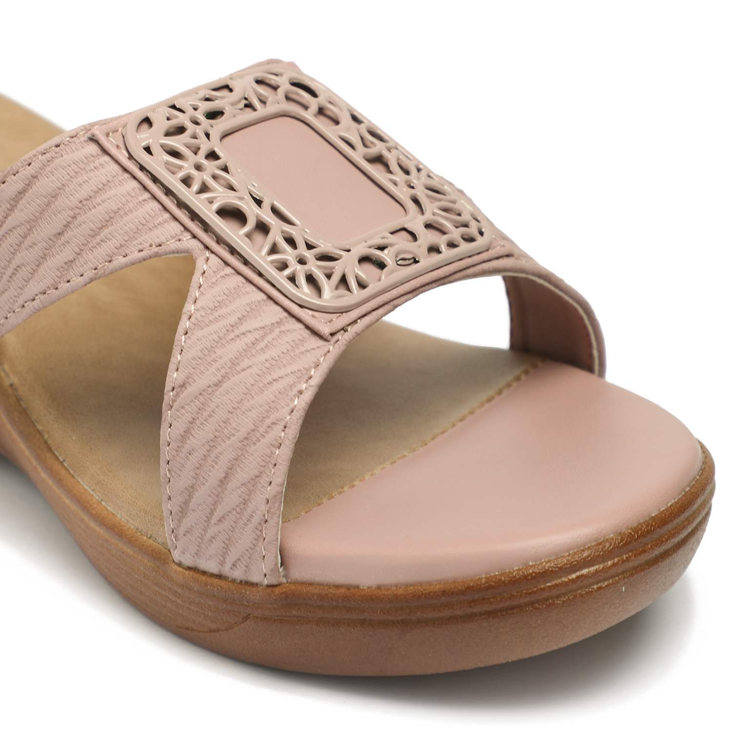 Elegant Peach Wedge Sandals with Ornamental Buckle
