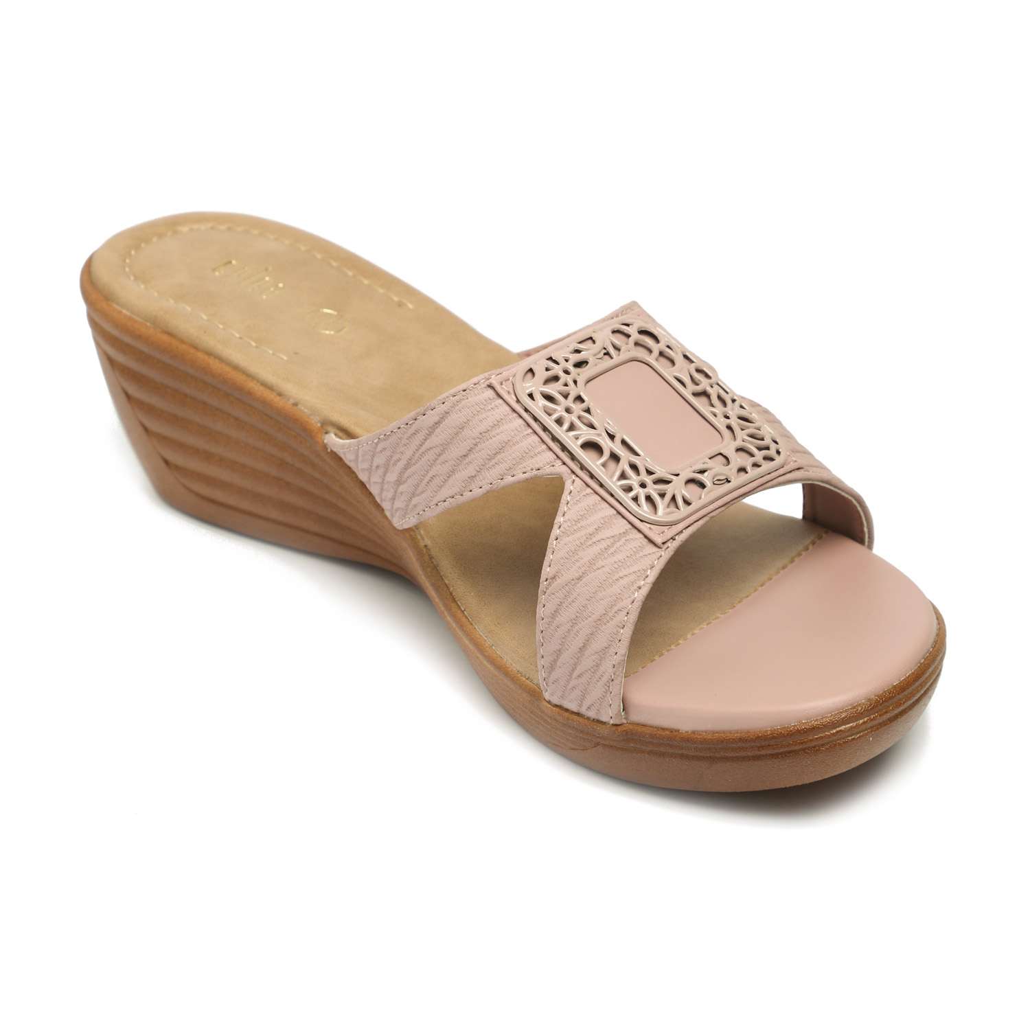 Elegant Peach Wedge Sandals with Ornamental Buckle