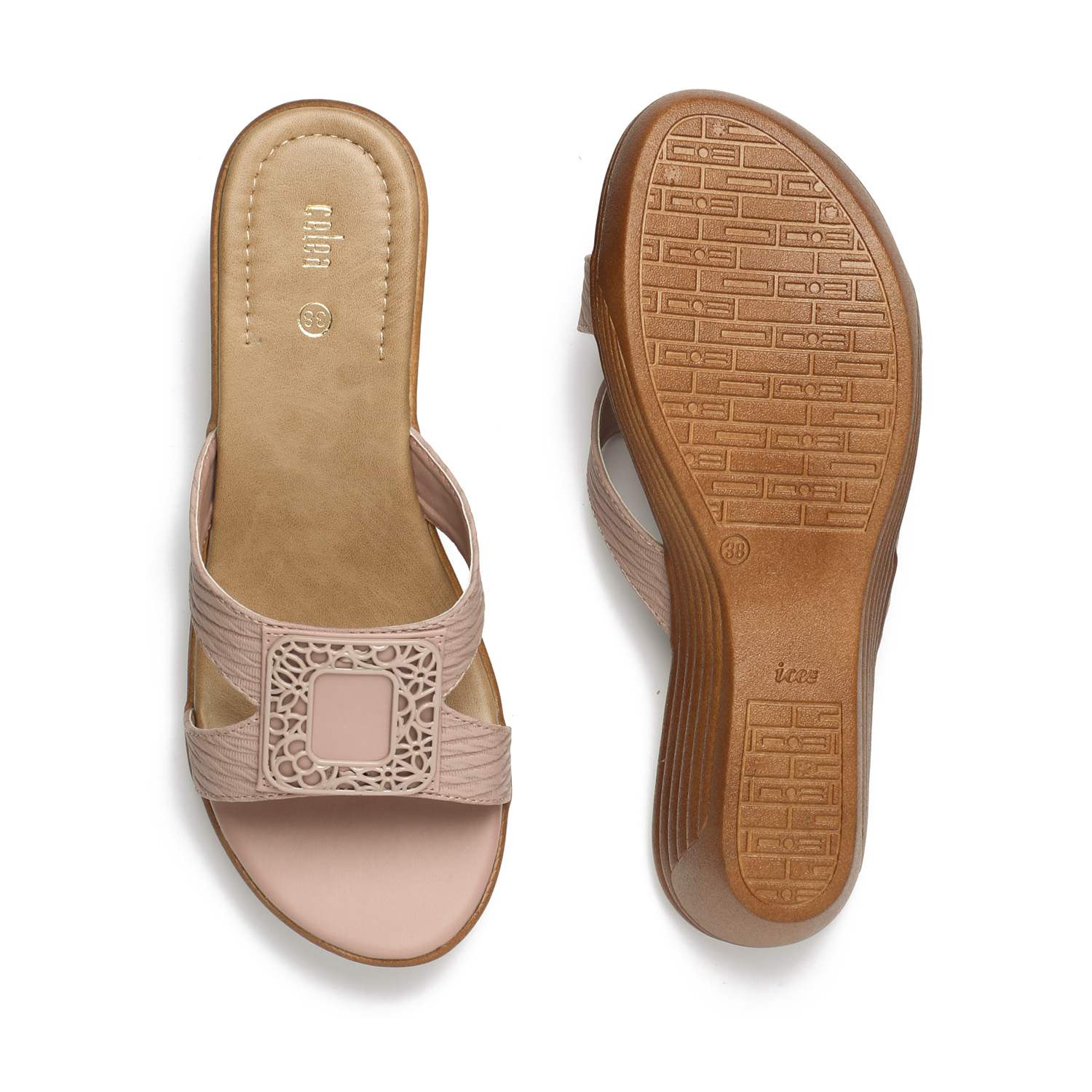 Elegant Peach Wedge Sandals with Ornamental Buckle