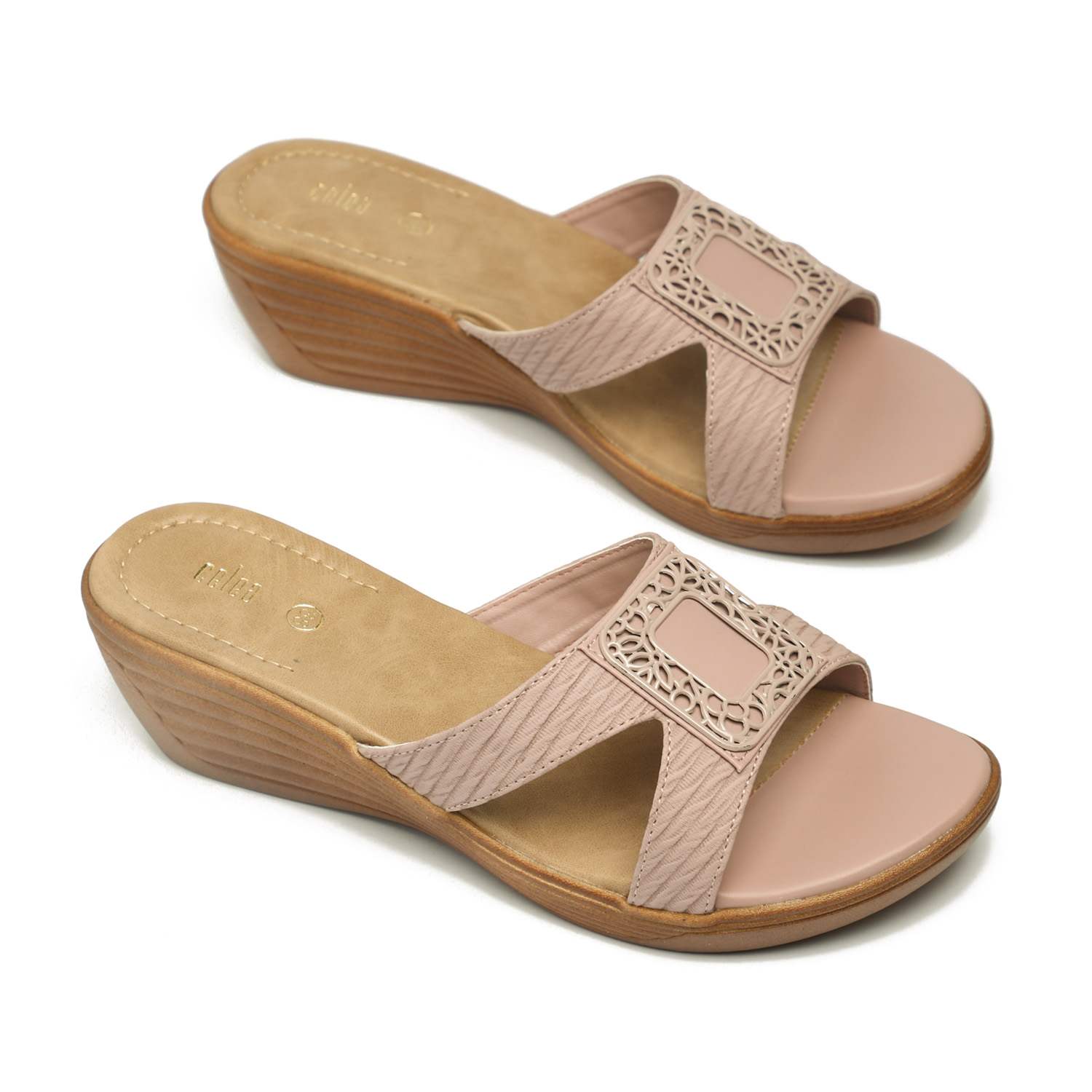 Elegant Peach Wedge Sandals with Ornamental Buckle