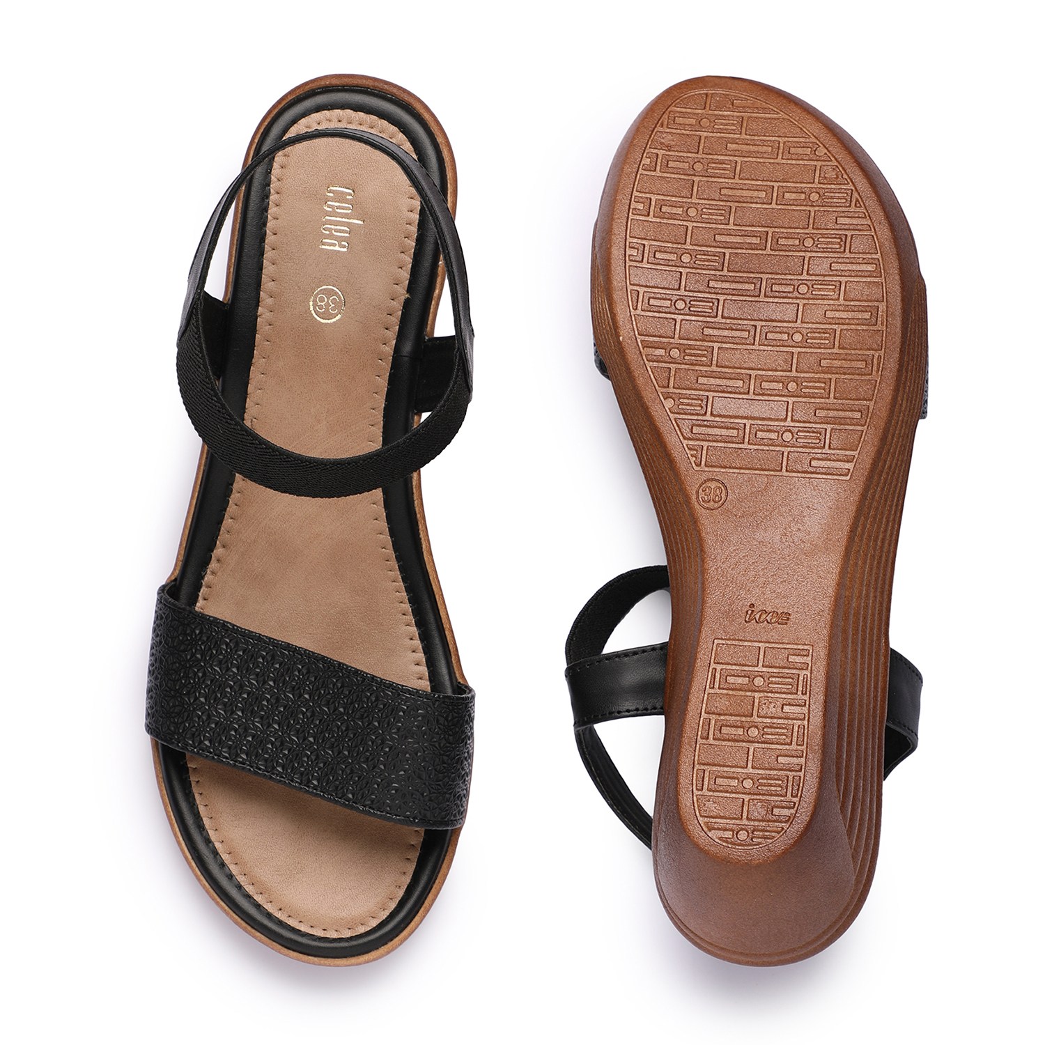 Women Black Textured Wedge Sandals