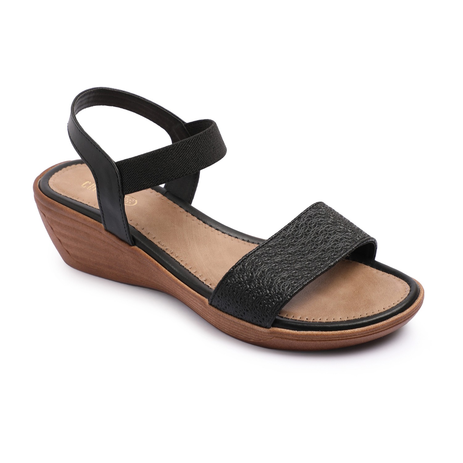 Women Black Textured Wedge Sandals