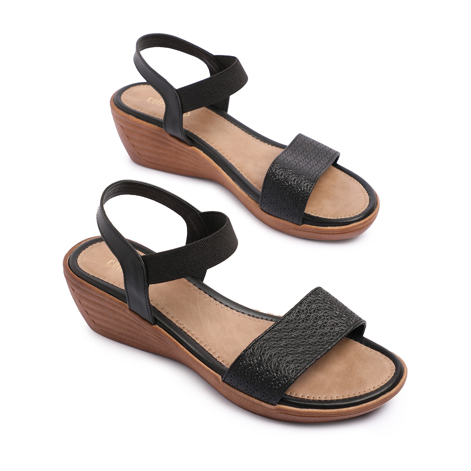 Women Black Textured Wedge Sandals
