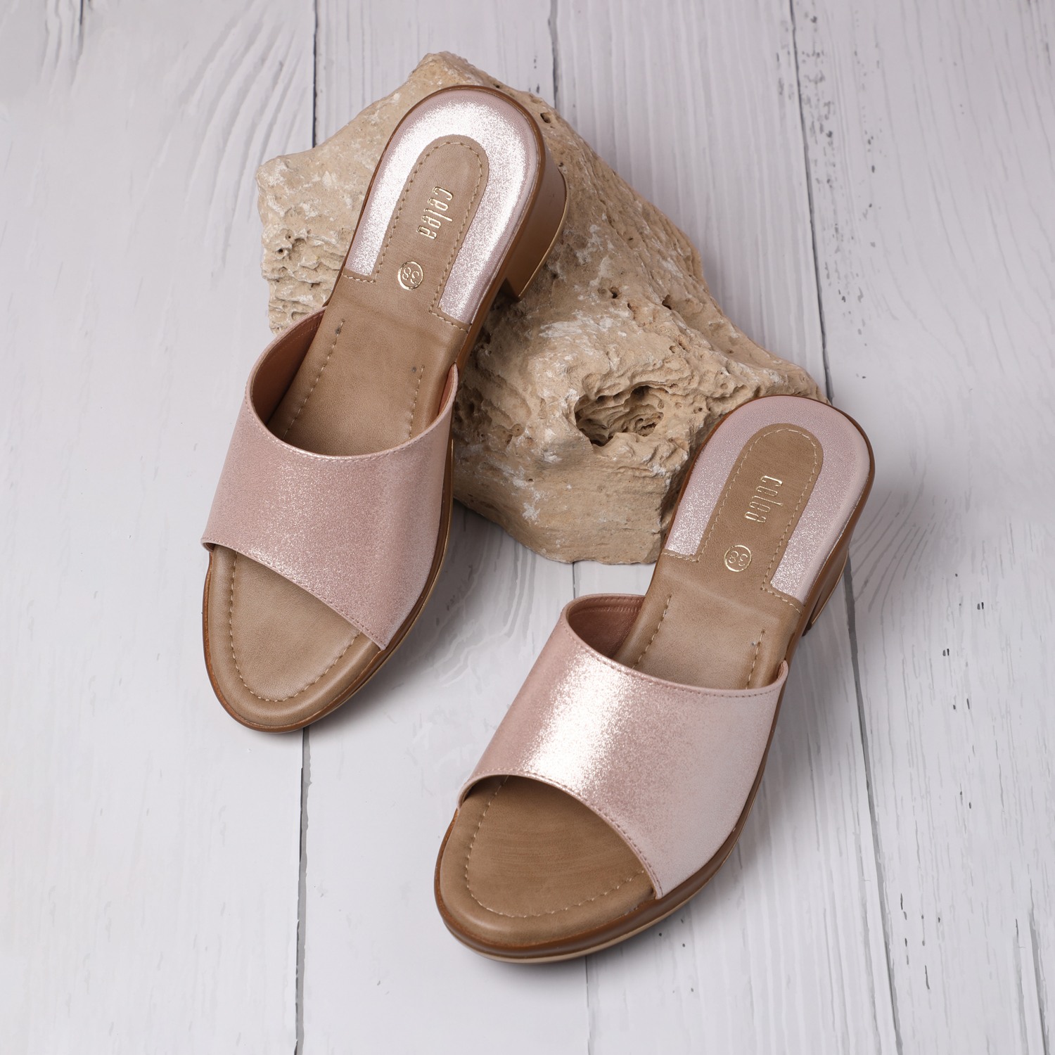 Women Rose Gold Block Heel Sandals