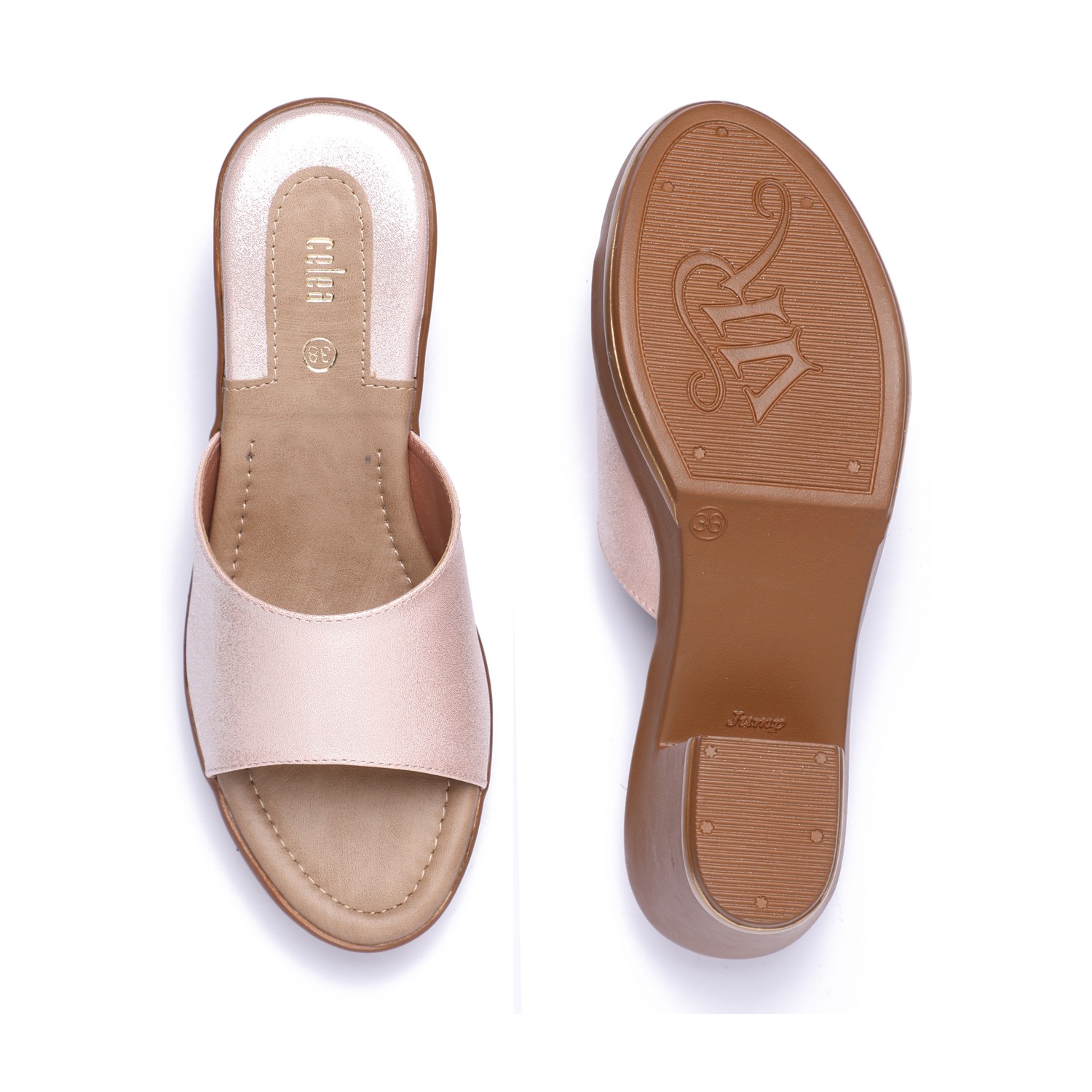 Women Rose Gold Block Heel Sandals