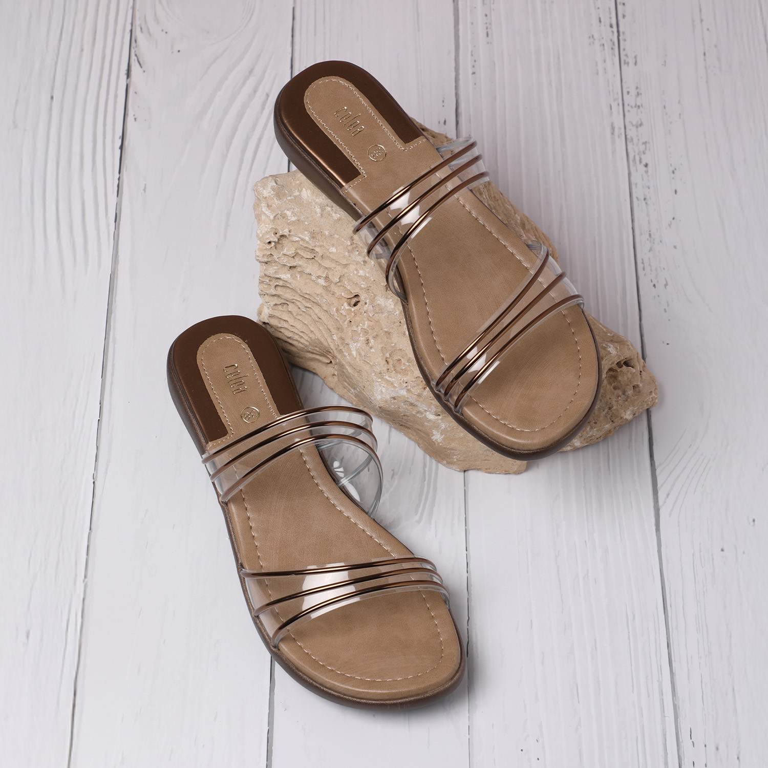 Women Transparent Slip-On Sandals with Copper Accents