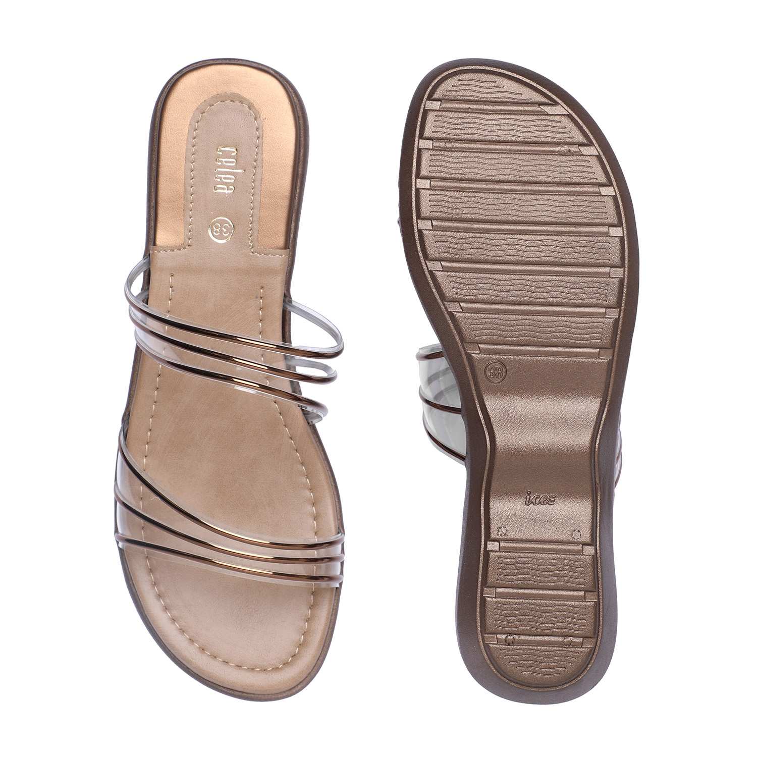 Women Transparent Slip-On Sandals with Copper Accents