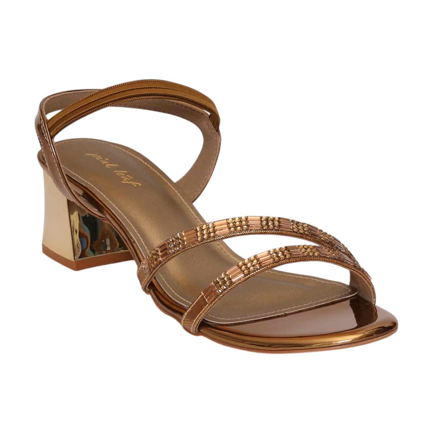Women Antique Glamorous Gold Beaded Block Heel Sandal