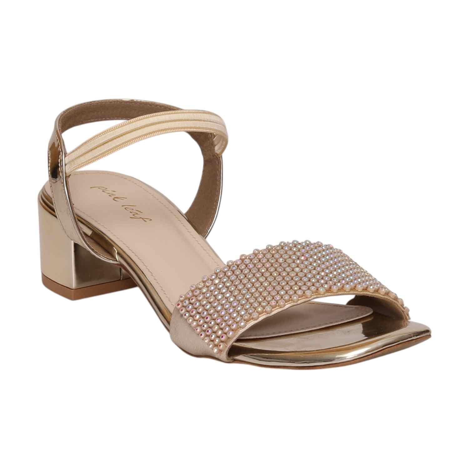 Women Gold Pearl-Embellished Block Heel Sandal