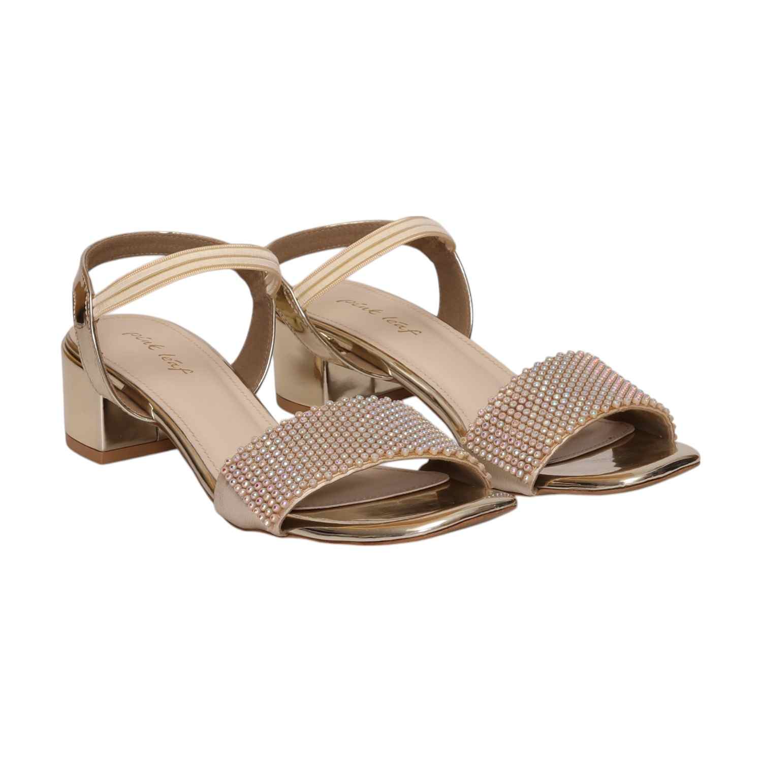 Women Gold Pearl-Embellished Block Heel Sandal