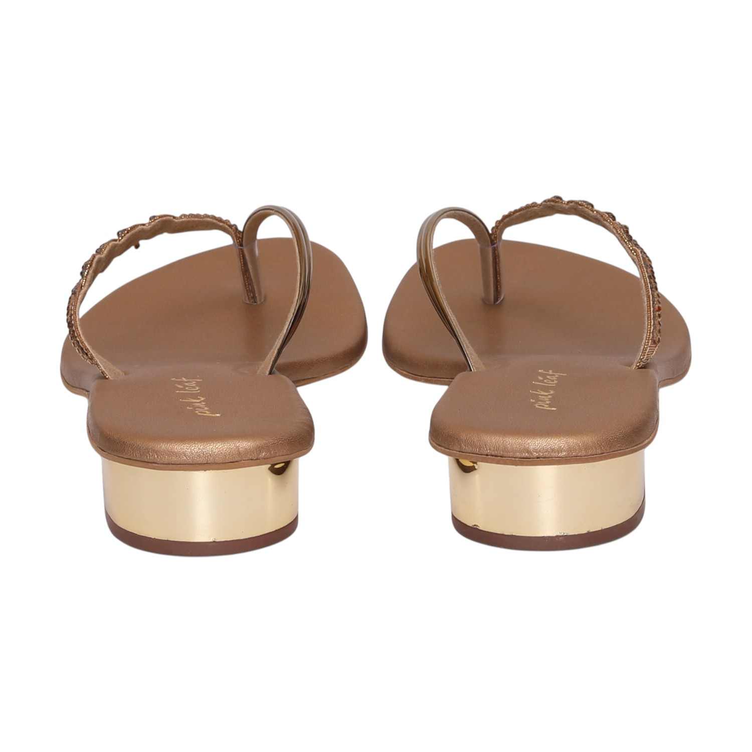 Women Antique Gold Embellished Heel Sandals